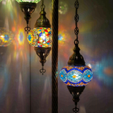 Lit close-up of mosaic glass globe — Multicolor floor lamp glowing (LMD3N3 (03-14-50))