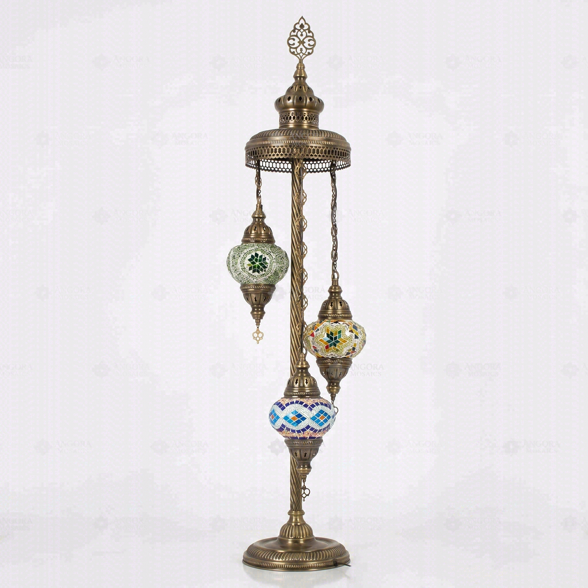 Full view of handmade Multicolor multicolor jewel Turkish mosaic floor lamp on white background (LMD3N3 (03-14-50))