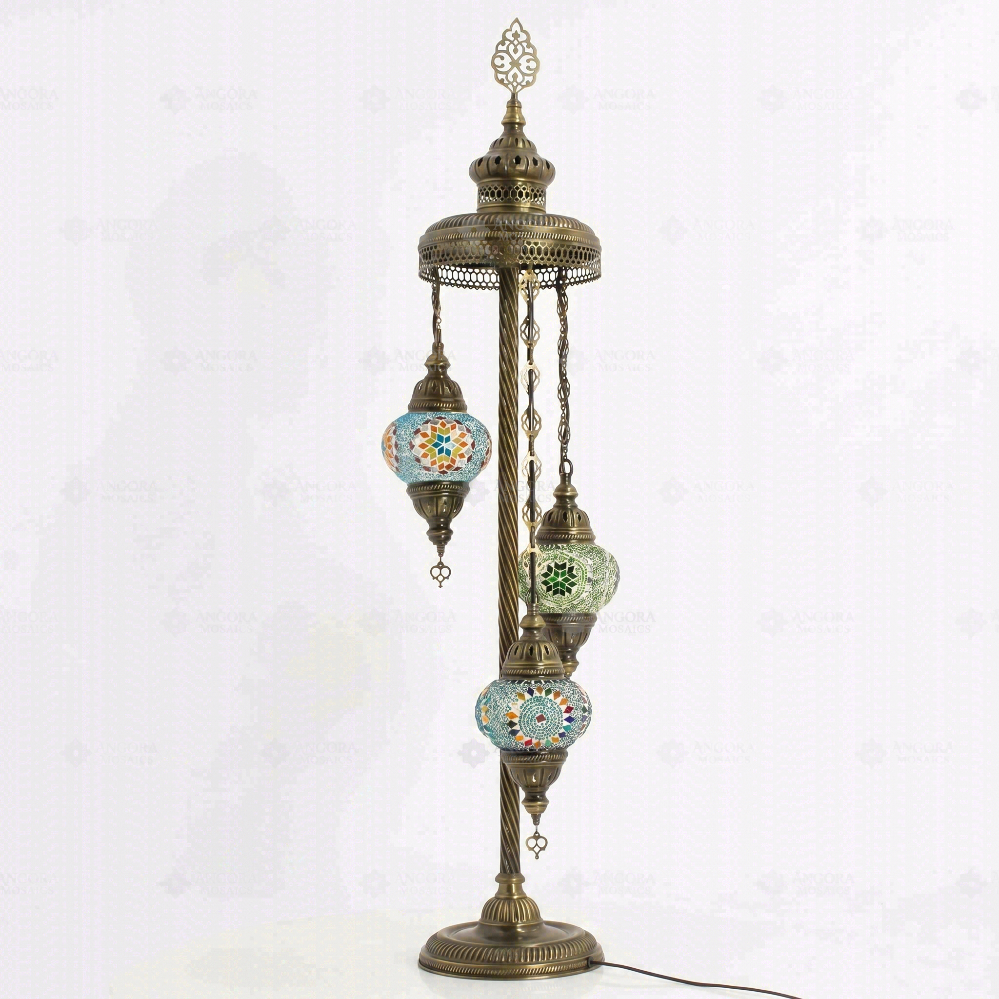 Full view of handmade Multicolor multicolor jewel Turkish mosaic floor lamp on white background (LMD3N3 (06-16-50))