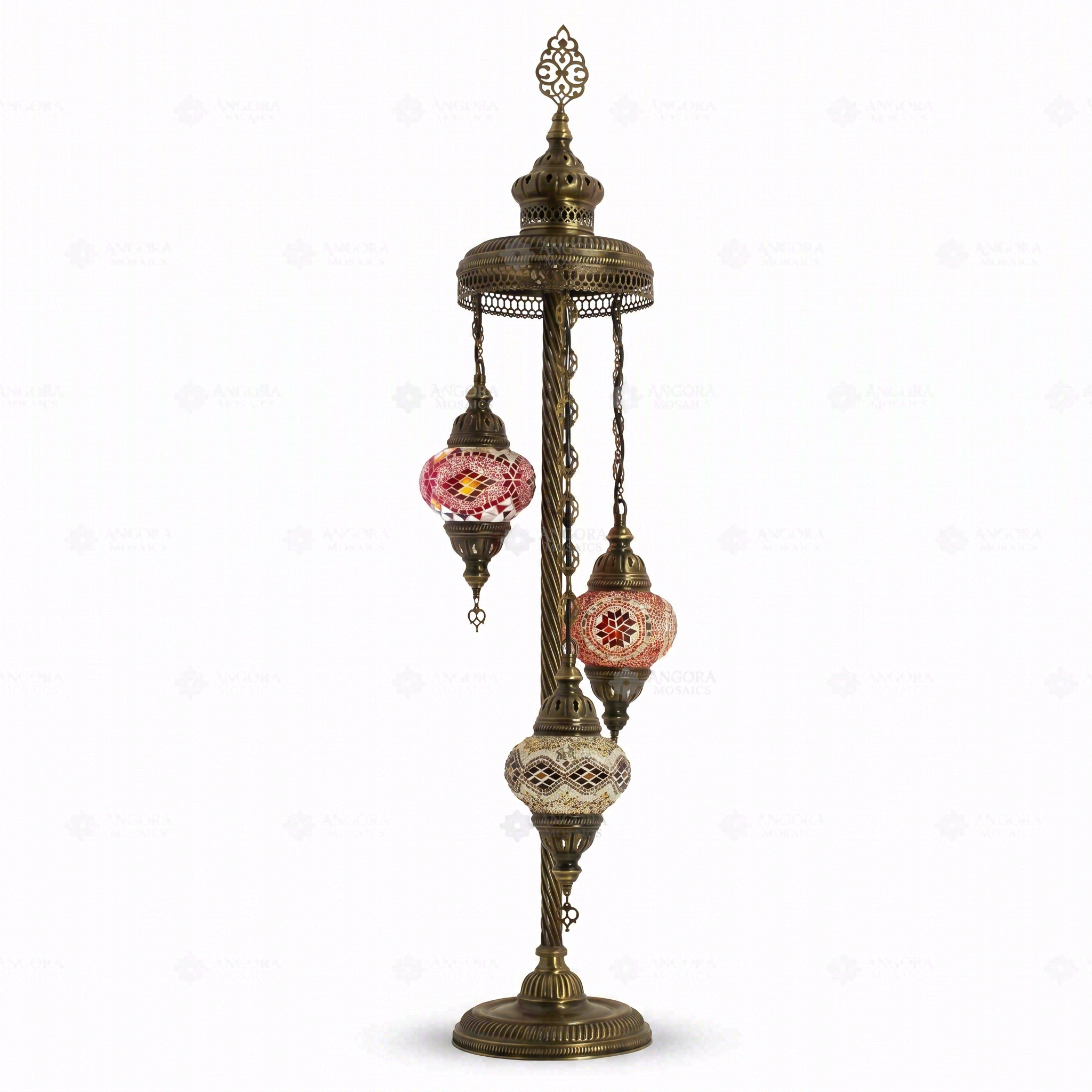 Full view of handmade Warm Tones mixed warm Turkish mosaic floor lamp on white background (LMD3N3 (08-56-57))