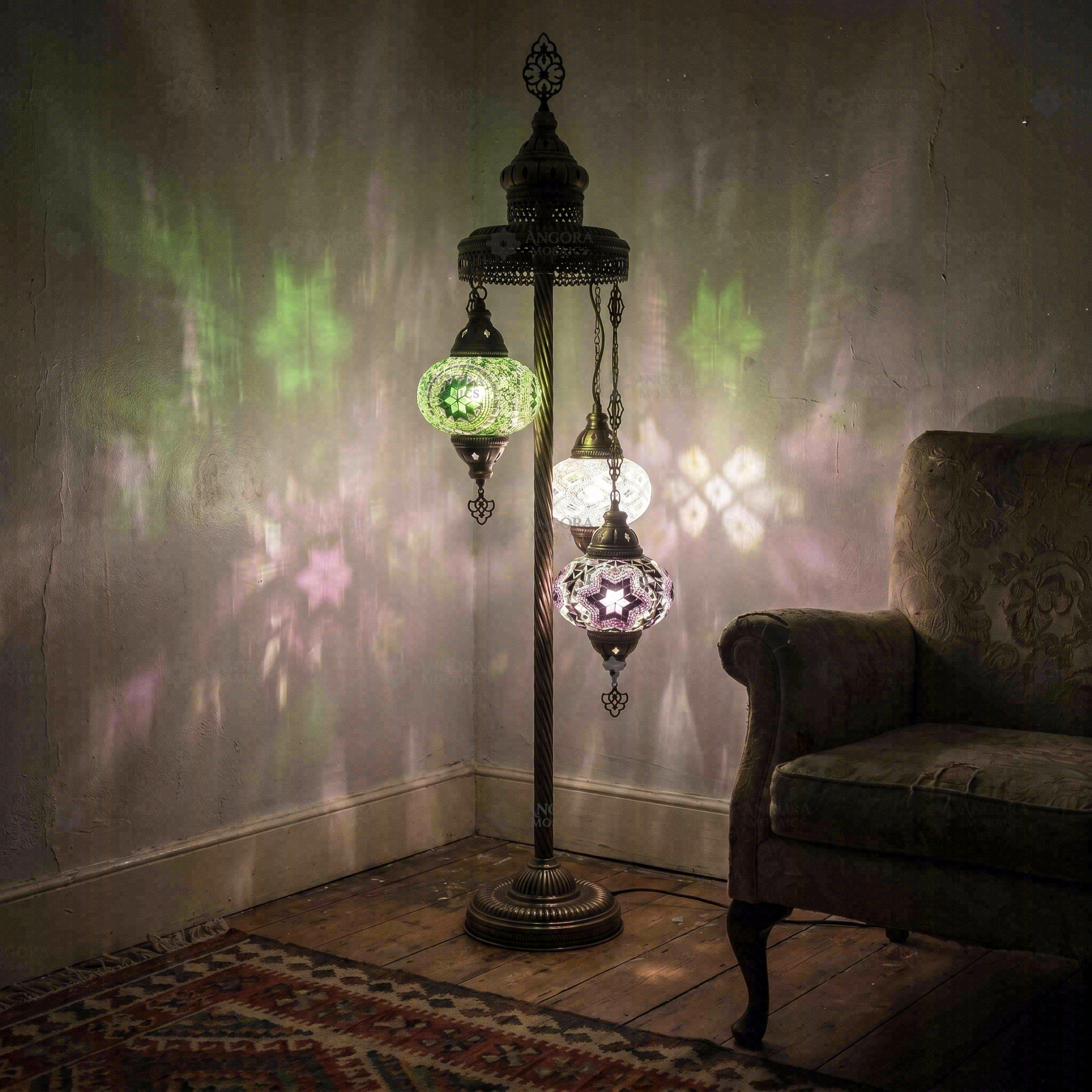 Cool Tones mixed cool Turkish mosaic floor lamp in styled room — handmade Moroccan floor lamp (LMD3N3 (12-19-50))