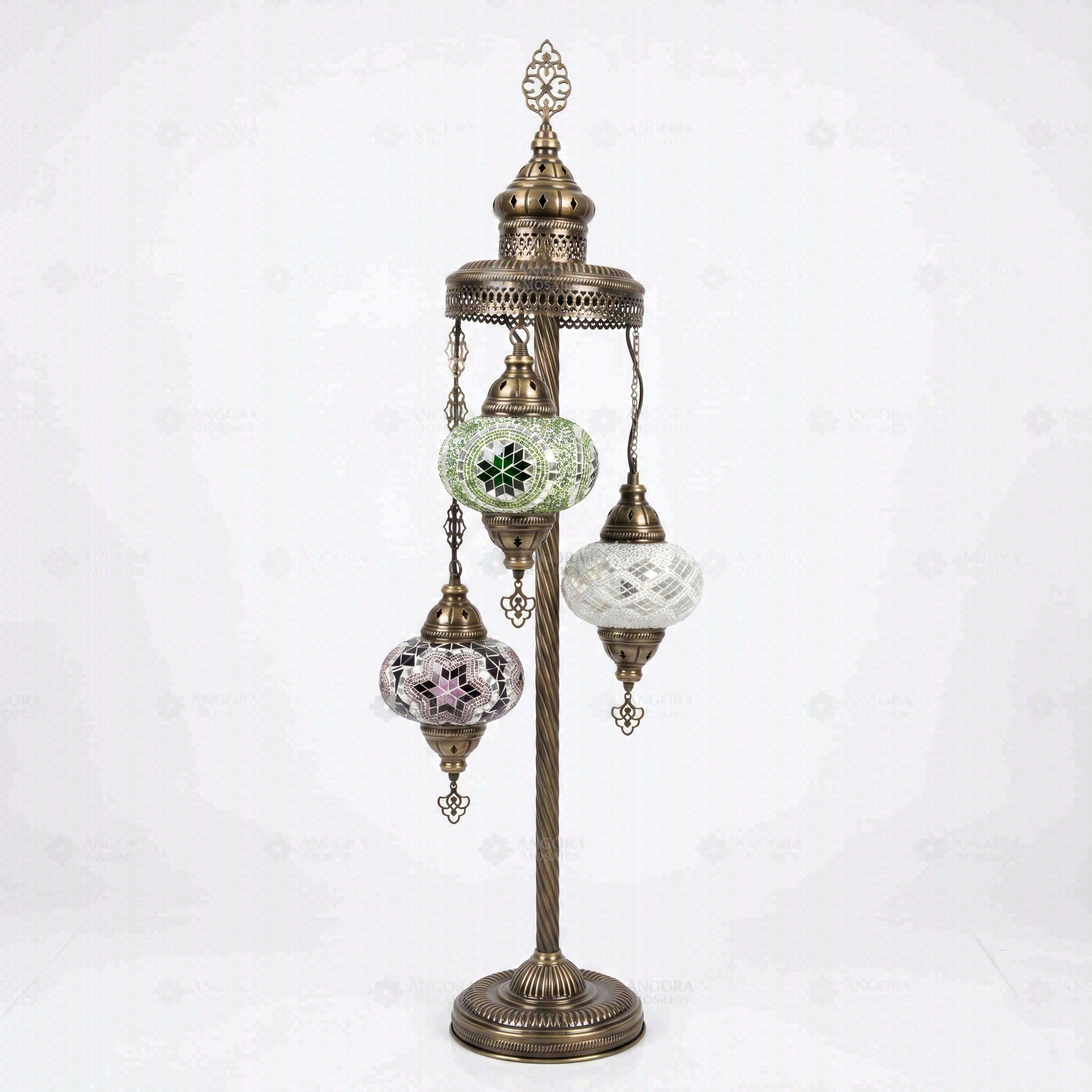 Full view of handmade Cool Tones mixed cool Turkish mosaic floor lamp on white background (LMD3N3 (12-19-50))