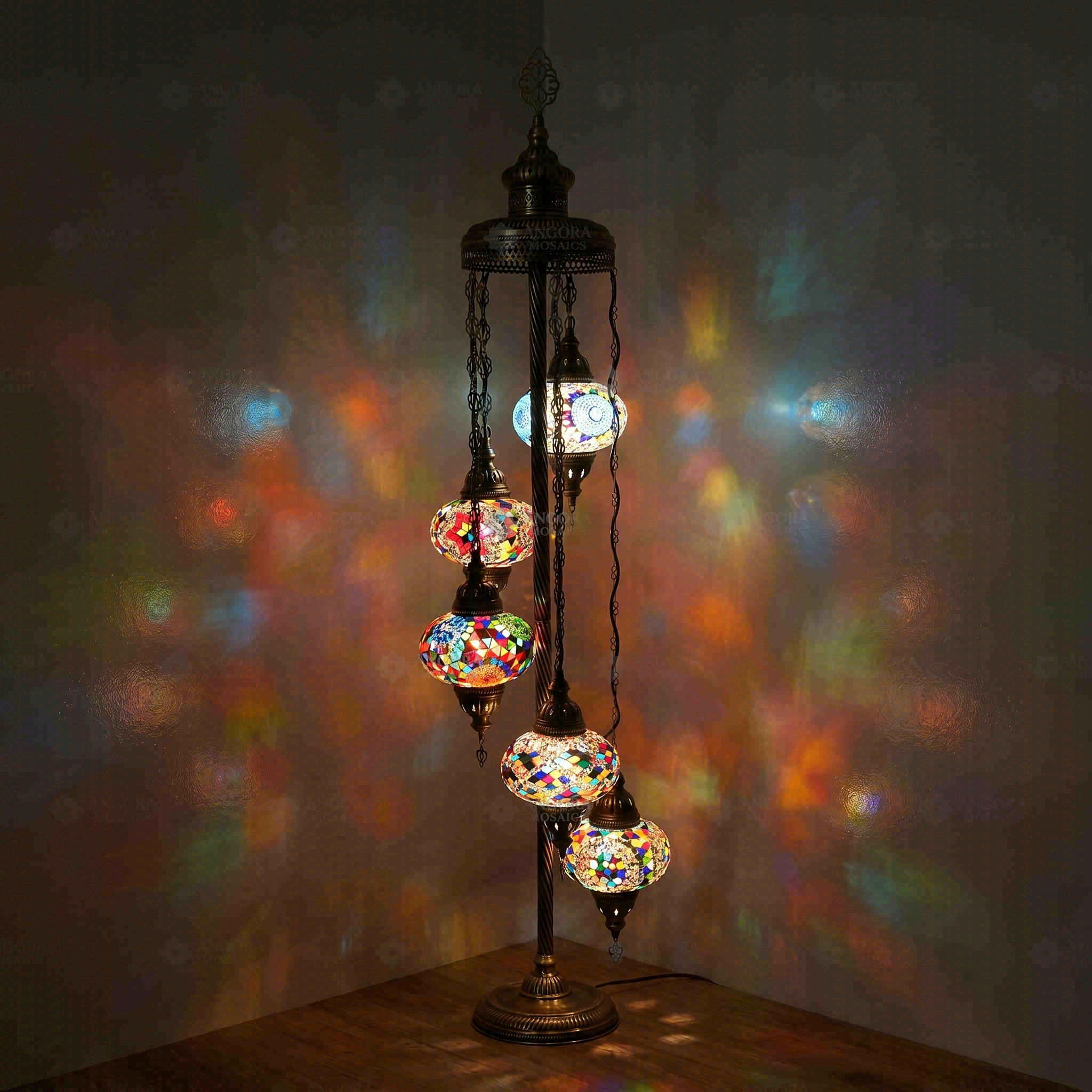 Multicolor Turkish mosaic floor lamp illuminated, showing colorful light projection (LMD5N3 (01-02-06-07-99))