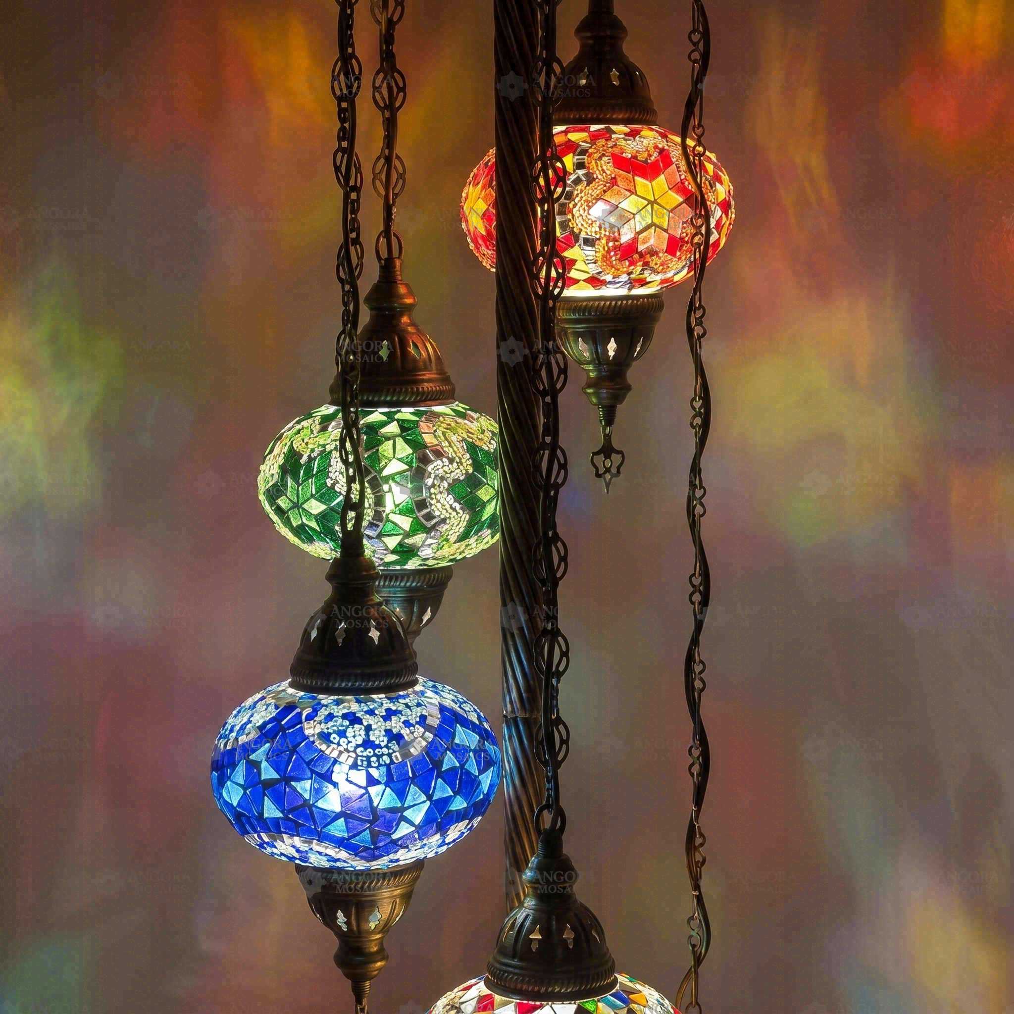 Lit close-up of mosaic glass globe — Multicolor floor lamp glowing (LMD5N3 (01-03-05-11-17))