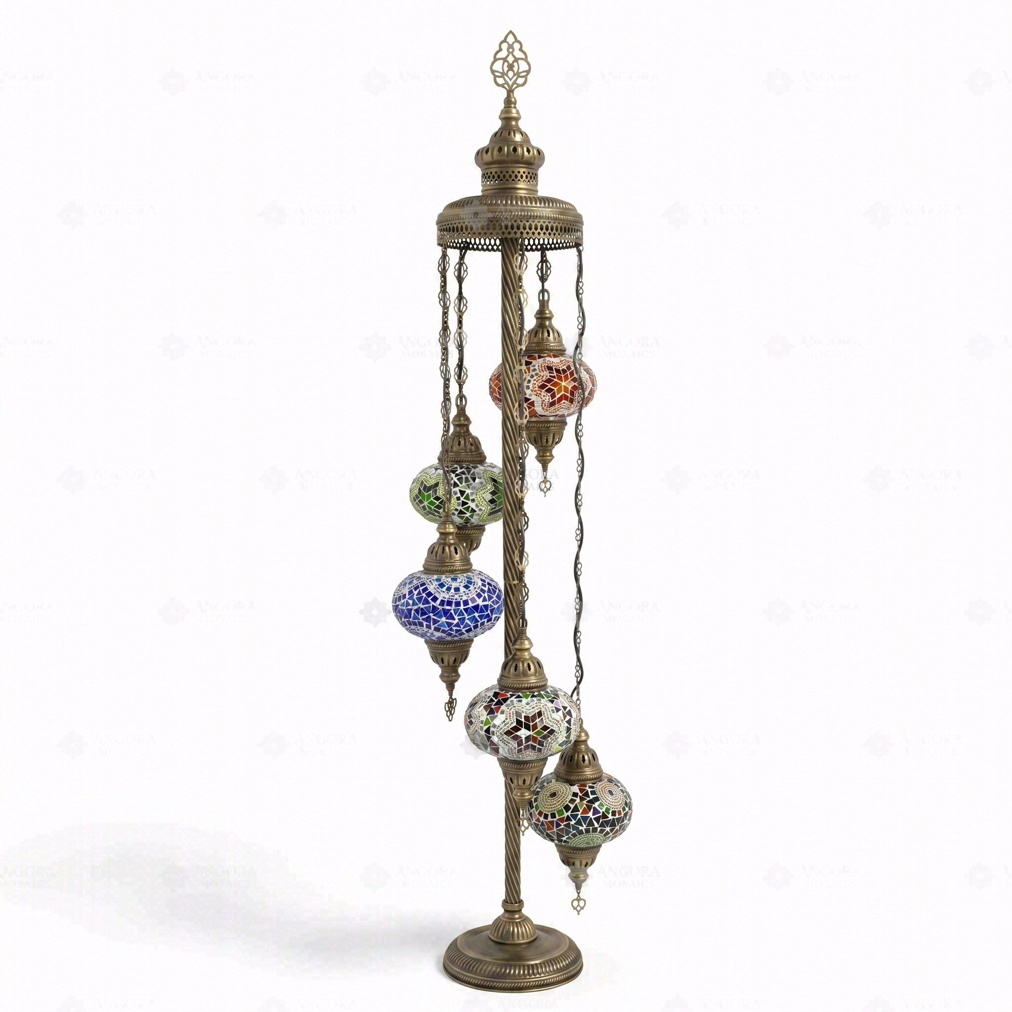 Full view of handmade Multicolor multicolor jewel Turkish mosaic floor lamp on white background (LMD5N3 (01-03-05-11-17))
