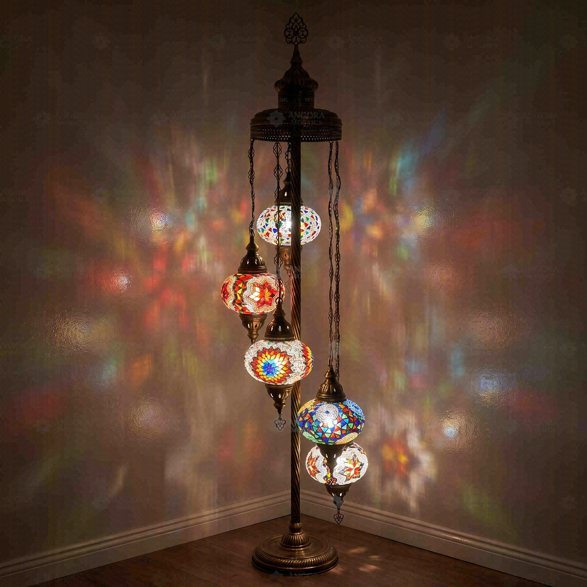 Multicolor Turkish mosaic floor lamp illuminated, showing colorful light projection (LMD5N3 (01-11-17-18-46))