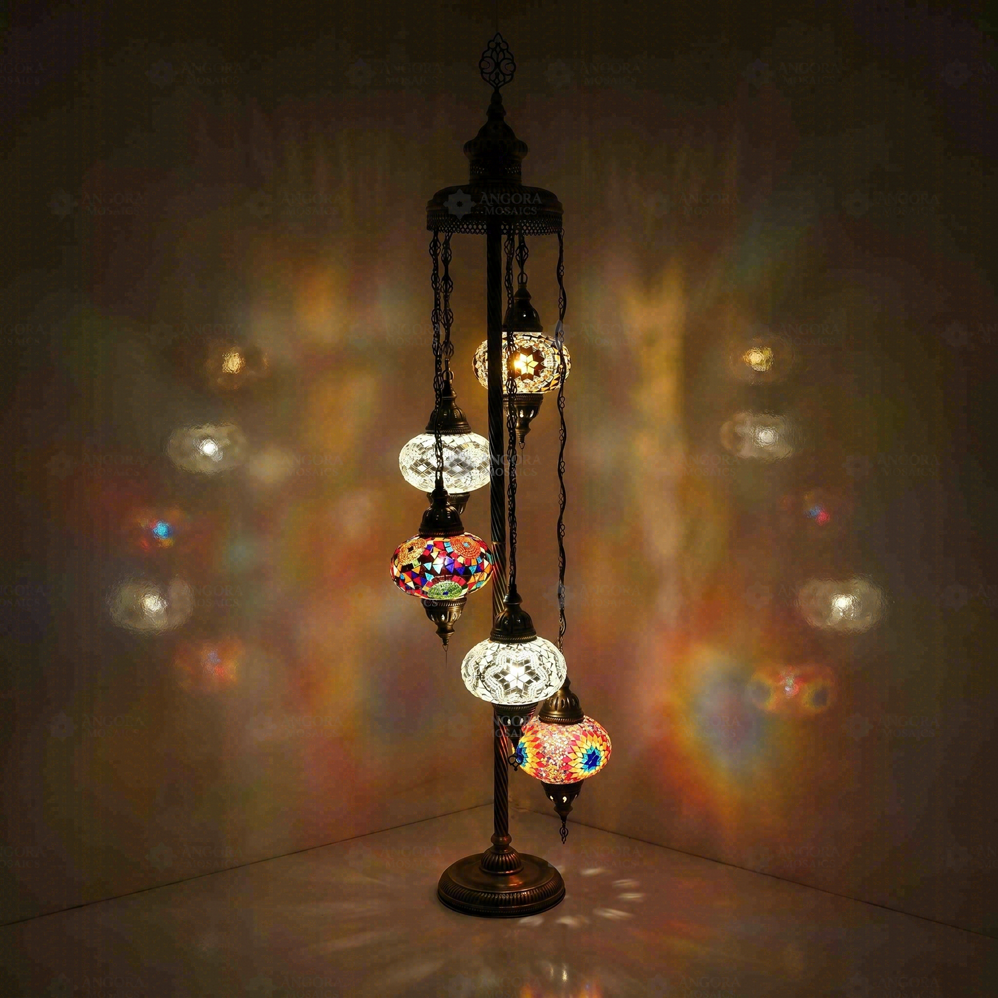 Warm Tones Turkish mosaic floor lamp illuminated, showing colorful light projection (LMD5N3 (01-15-18-67-68))