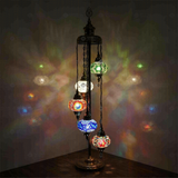 Multicolor Turkish mosaic floor lamp illuminated, showing colorful light projection (LMD5N3 (03-05-12-17-18))