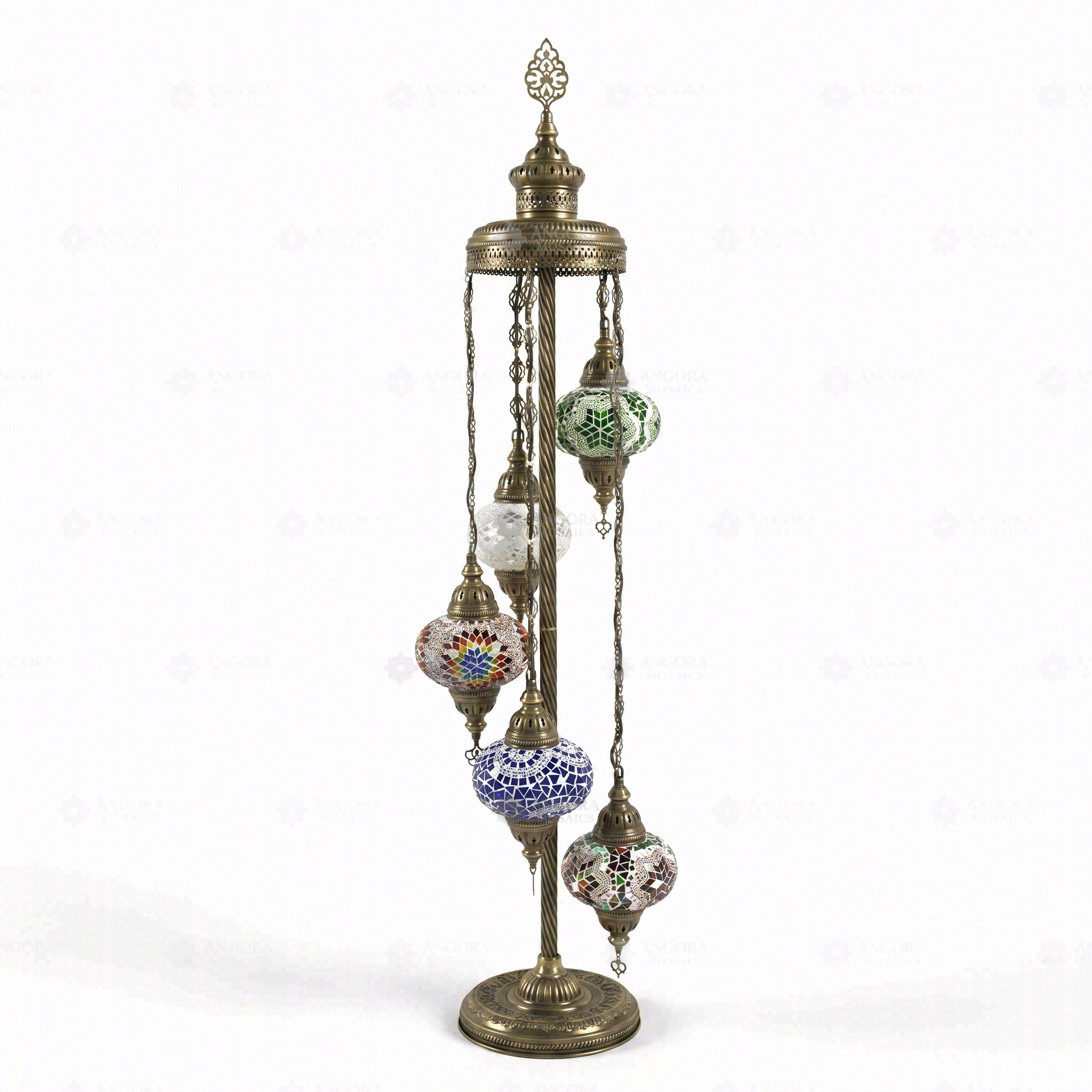 Full view of handmade Multicolor multicolor jewel Turkish mosaic floor lamp on white background (LMD5N3 (03-05-12-17-18))