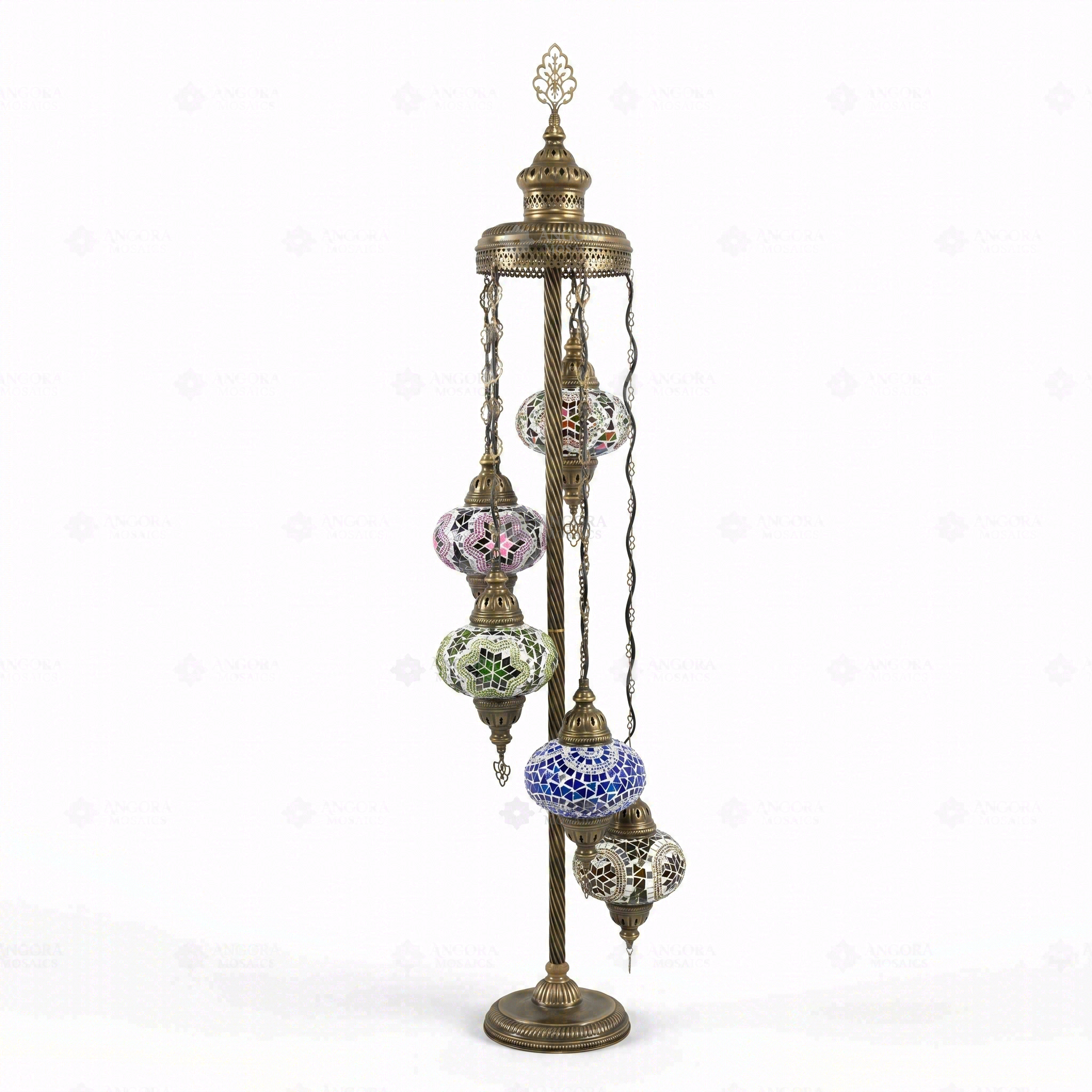 Full view of handmade Multicolor multicolor jewel Turkish mosaic floor lamp on white background (LMD5N3 (03-05-17-19-67))