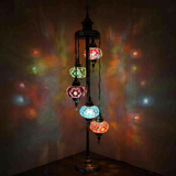 Multicolor Turkish mosaic floor lamp illuminated, showing colorful light projection (LMD5N3 (03-11-16-17-19))