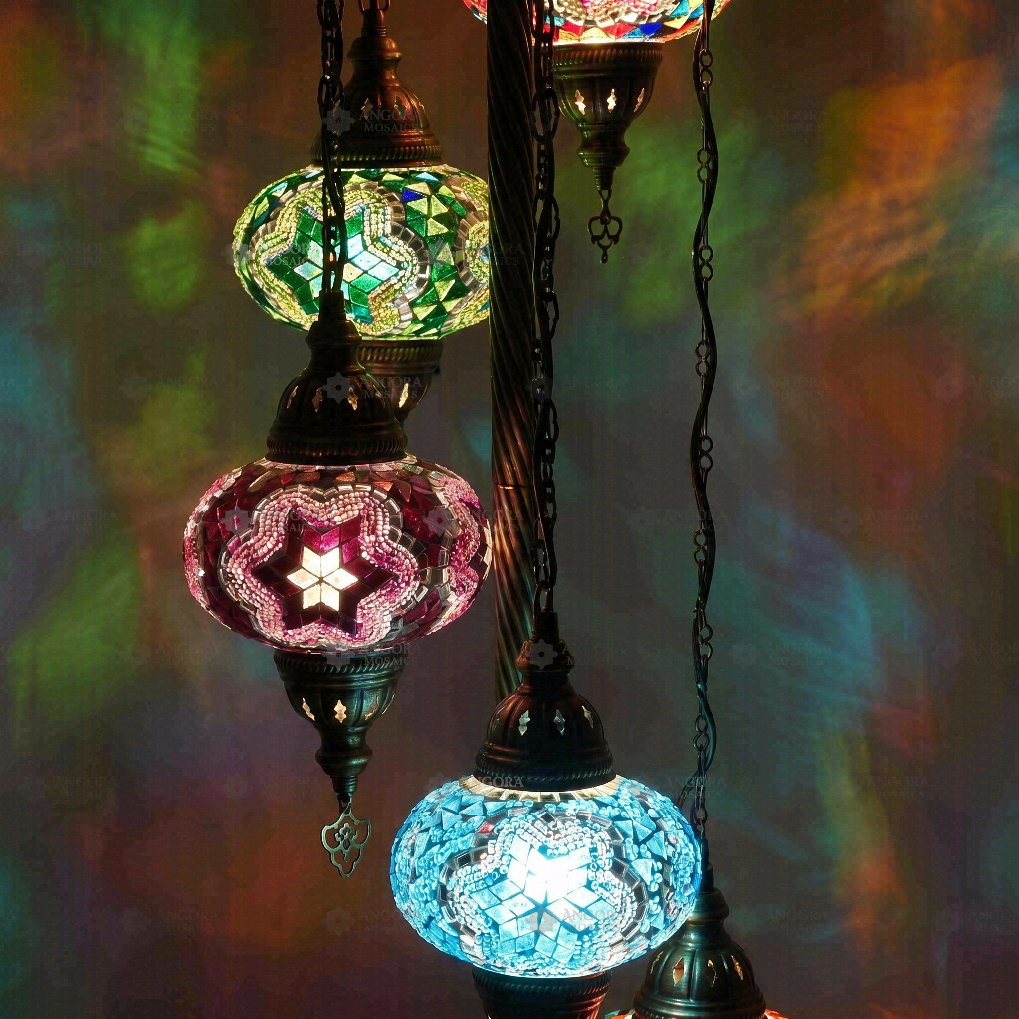 Lit close-up of mosaic glass globe — Multicolor floor lamp glowing (LMD5N3 (03-11-16-17-19))
