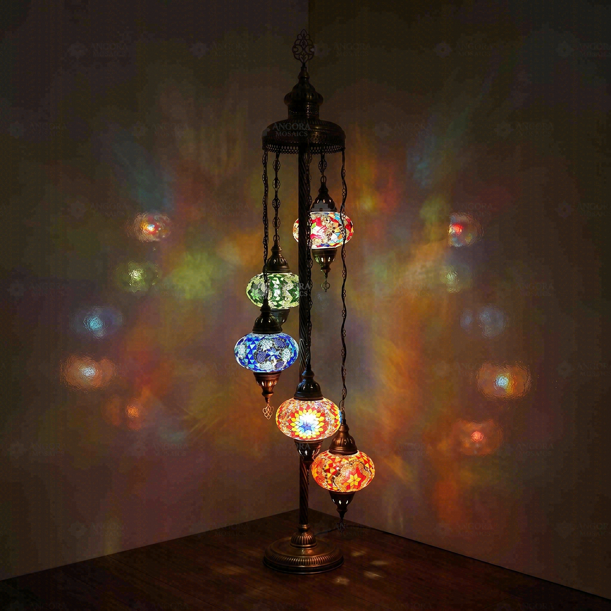 Multicolor Turkish mosaic floor lamp illuminated, showing colorful light projection (LMD5N3 (03-11-17-18-34))