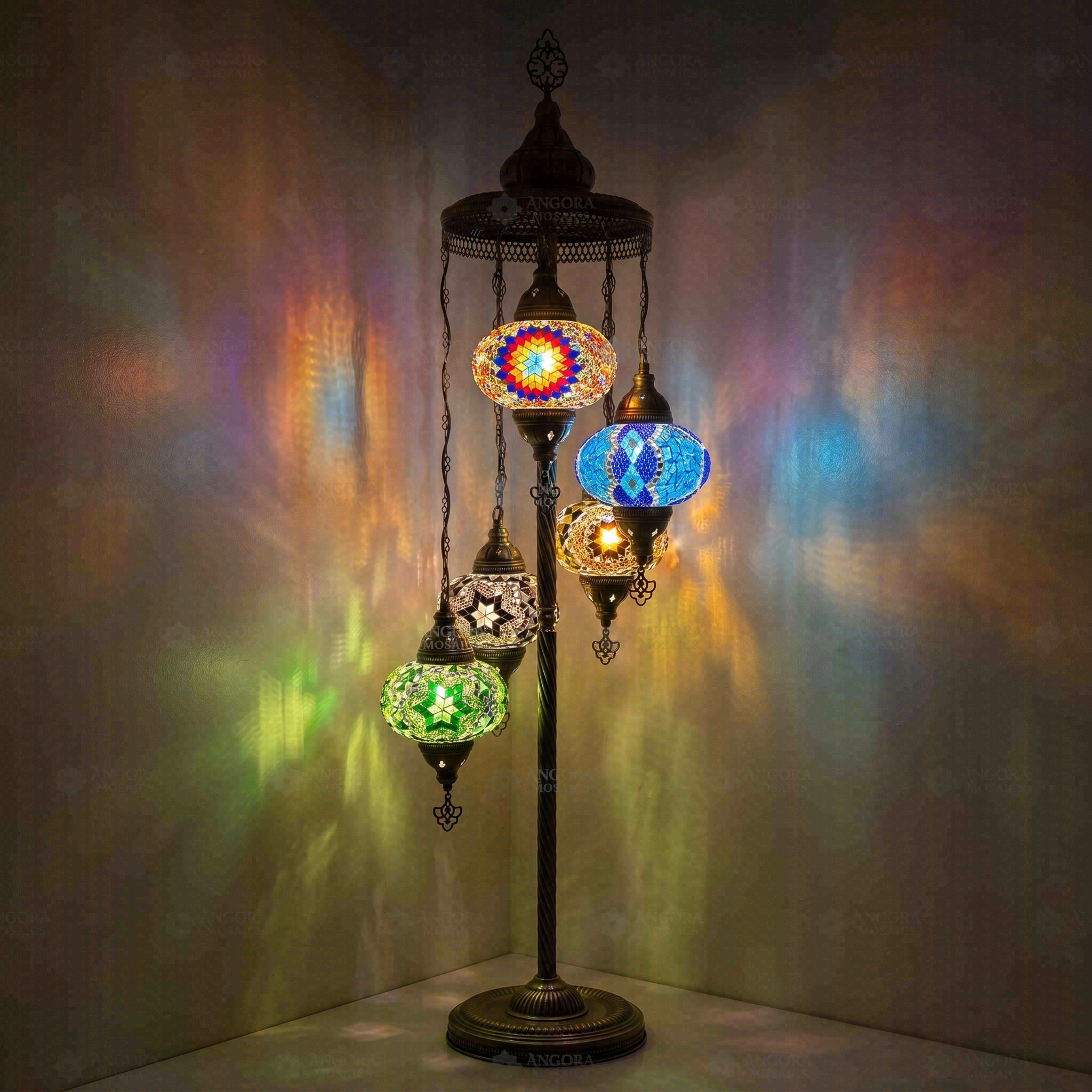 Multicolor Turkish mosaic floor lamp illuminated, showing colorful light projection (LMD5N3 (03-18-19-53-67))