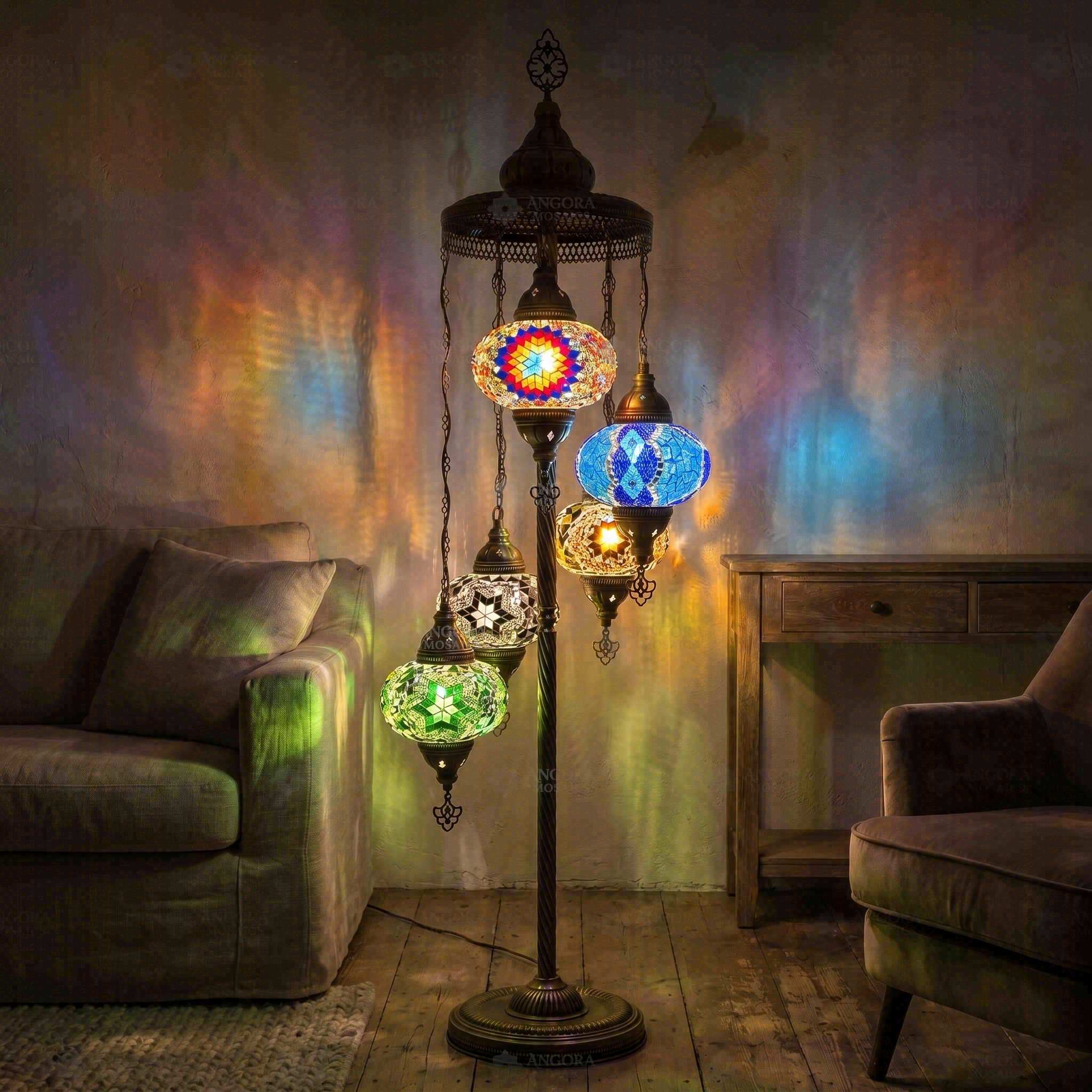 Multicolor multicolor jewel Turkish mosaic floor lamp in styled room — handmade Moroccan floor lamp (LMD5N3 (03-18-19-53-67))