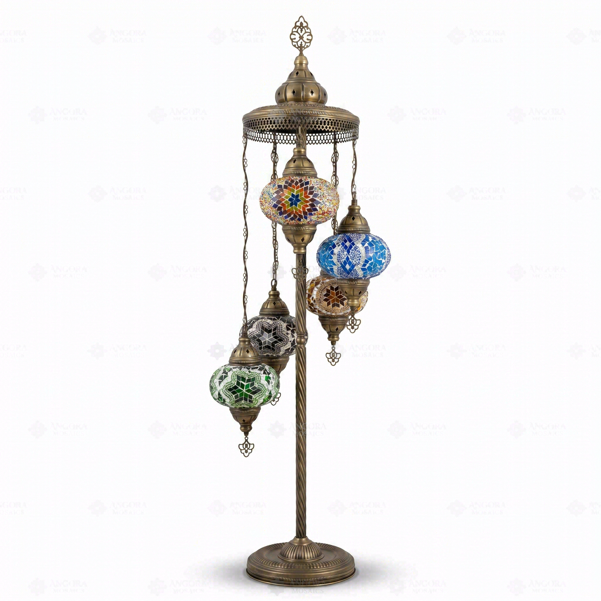 Full view of handmade Multicolor multicolor jewel Turkish mosaic floor lamp on white background (LMD5N3 (03-18-19-53-67))