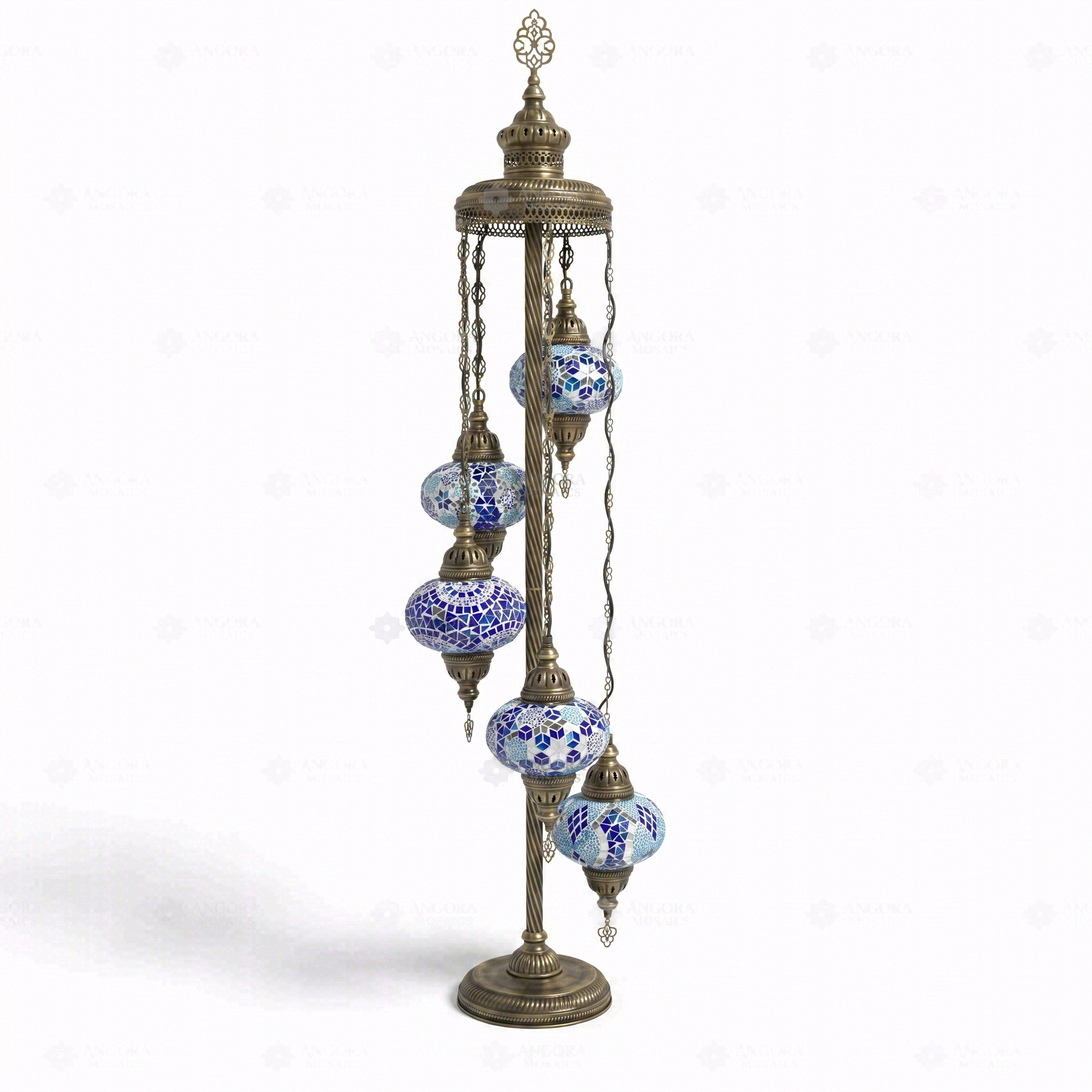 Full view of handmade Blue blue jewel Turkish mosaic floor lamp on white background (LMD5N3 (05-28-32-34-53))