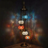 Multicolor Turkish mosaic floor lamp illuminated, showing colorful light projection (LMD5N3 (11-15-16-18-68))