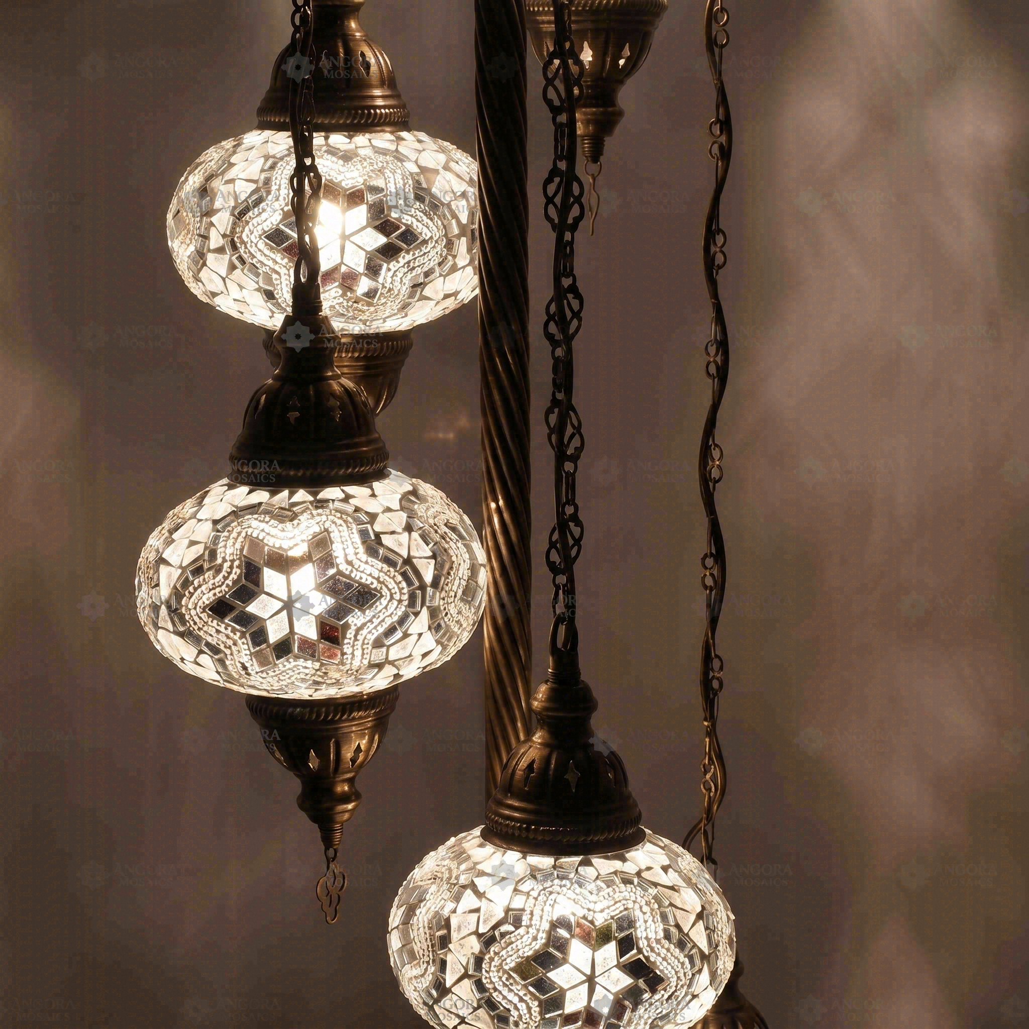 Lit close-up of mosaic glass globe — White floor lamp glowing (LMD5N3 (3015))