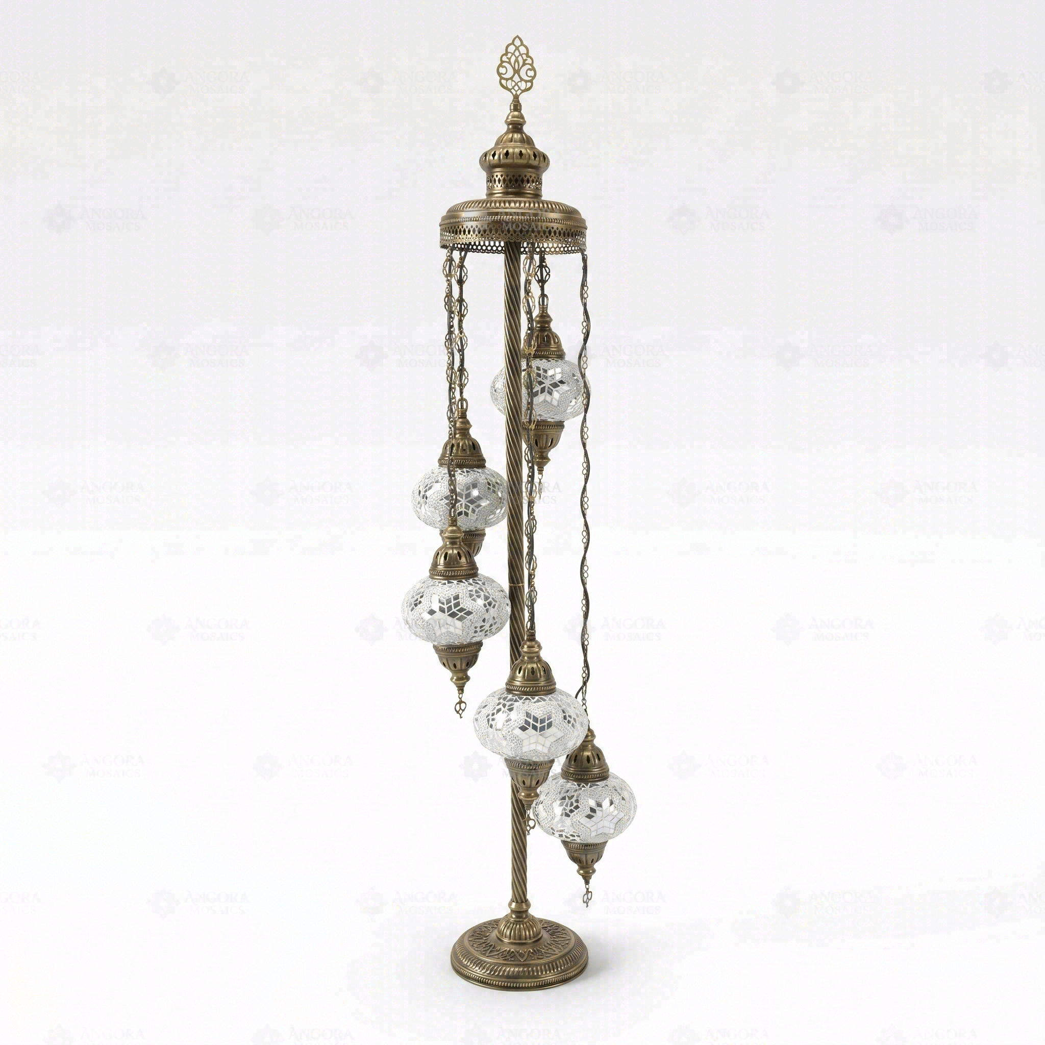 Full view of handmade White white glow Turkish mosaic floor lamp on white background (LMD5N3 (3015))