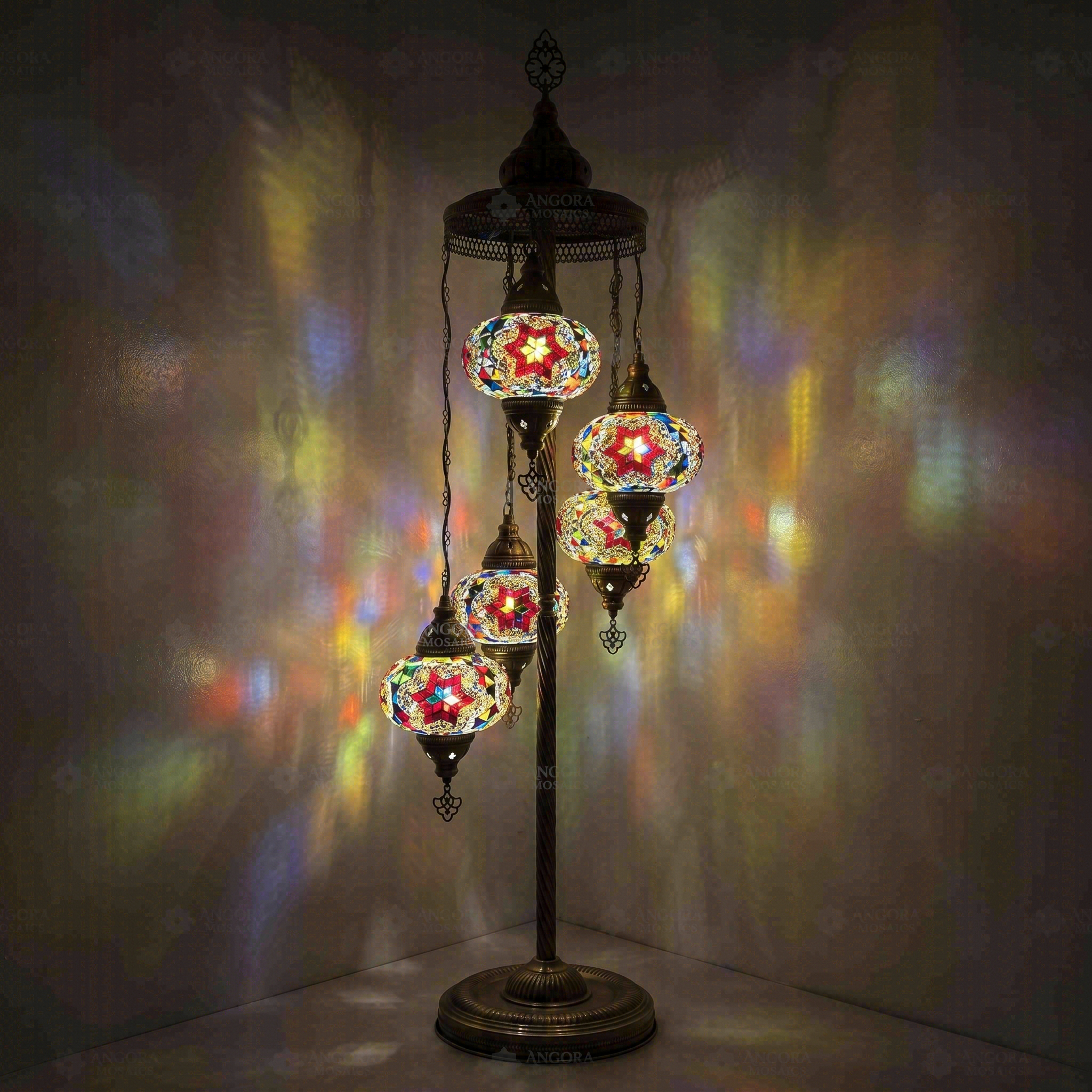 Multicolor Turkish mosaic floor lamp illuminated, showing colorful light projection (LMD5N3 (3017))