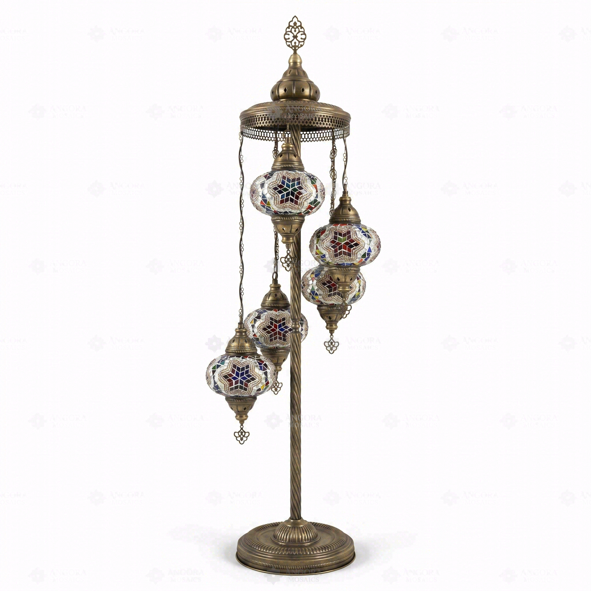 Full view of handmade Multicolor multicolor jewel Turkish mosaic floor lamp on white background (LMD5N3 (3017))
