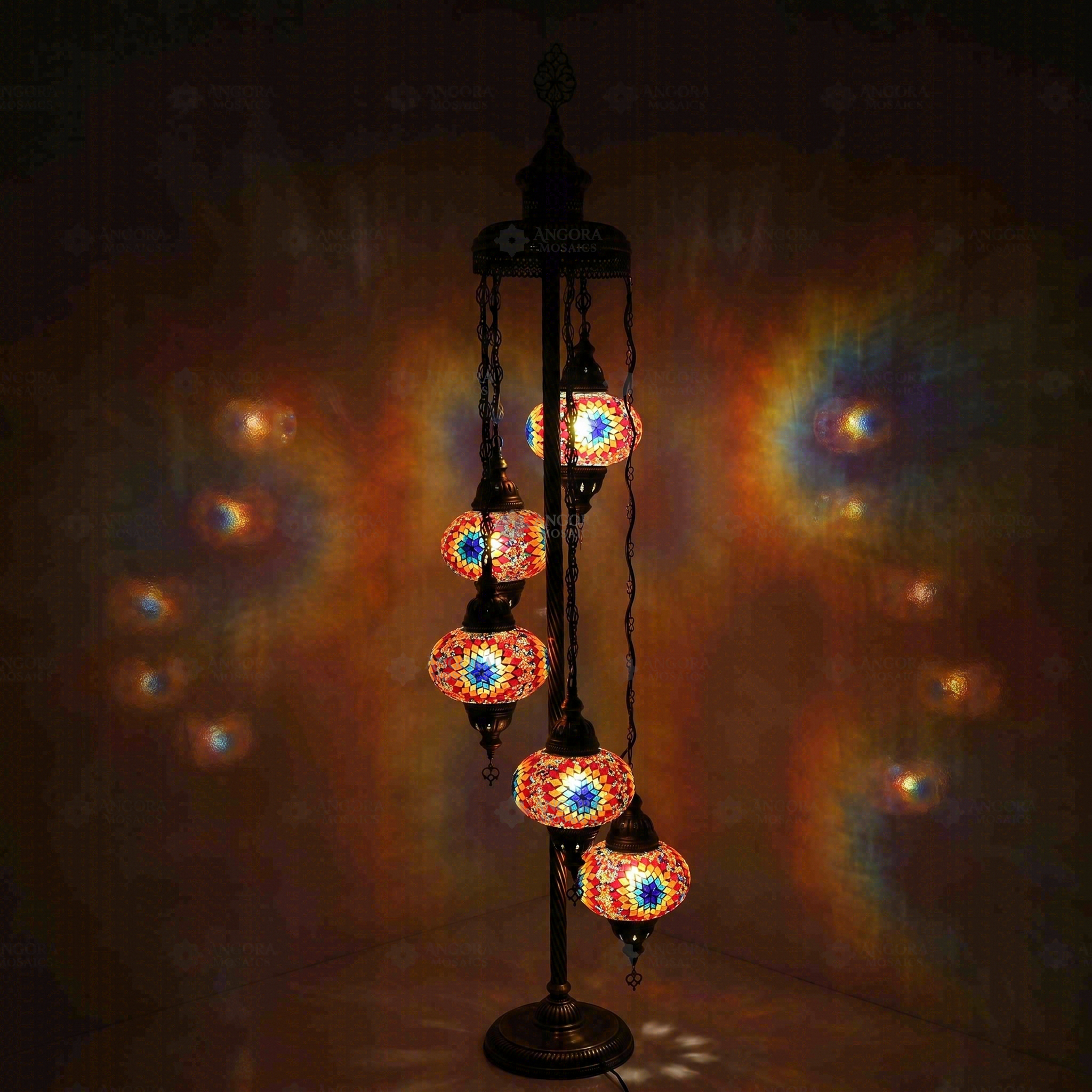 Multicolor Turkish mosaic floor lamp illuminated, showing colorful light projection (LMD5N3 (3018))