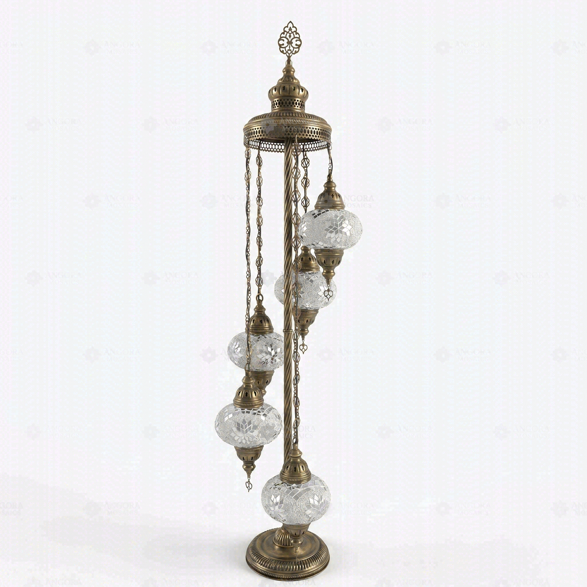 Full view of handmade White white glow Turkish mosaic floor lamp on white background (LMD5N3 (3022))