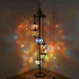 Multicolor Turkish mosaic floor lamp illuminated, showing colorful light projection (LMD7N3 (01-03-17-18-21-34-67))