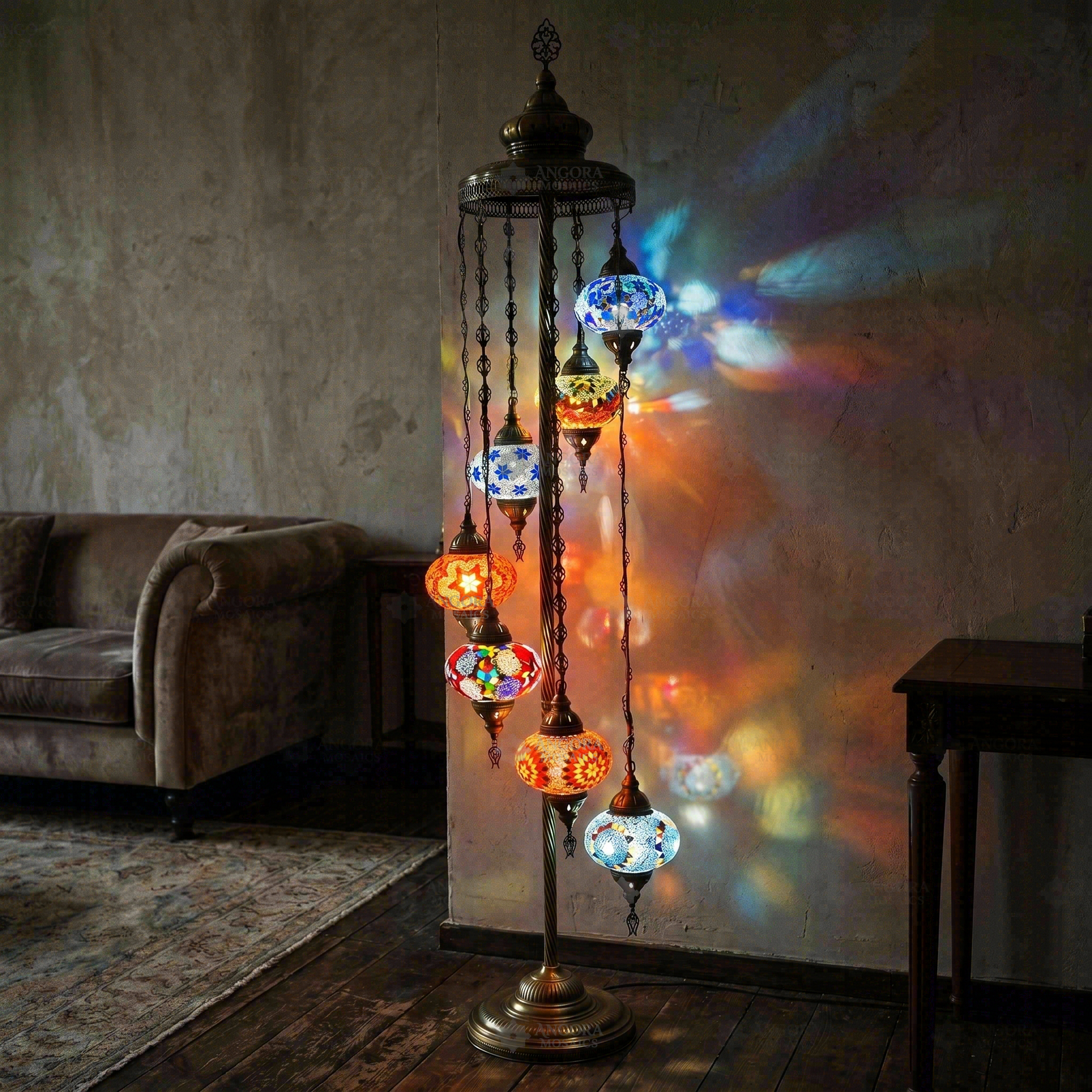 Multicolor multicolor jewel Turkish mosaic floor lamp in styled room — handmade Moroccan floor lamp (LMD7N3 (04-06-24-25-27-28-65))