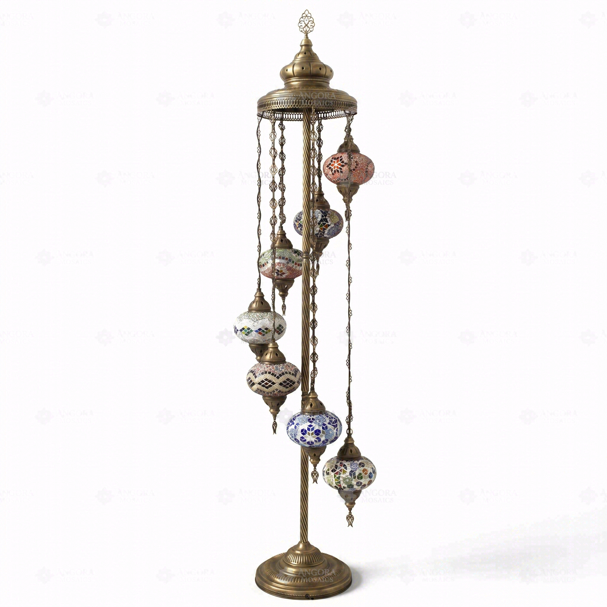 Full view of handmade Multicolor multicolor jewel Turkish mosaic floor lamp on white background (LMD7N3 (04-13-14-24-25-28-29))