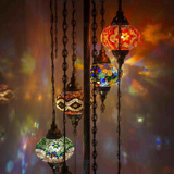 Lit close-up of mosaic glass globe — Multicolor floor lamp glowing (LMD7N3 (04-13-14-25-28-29-65))