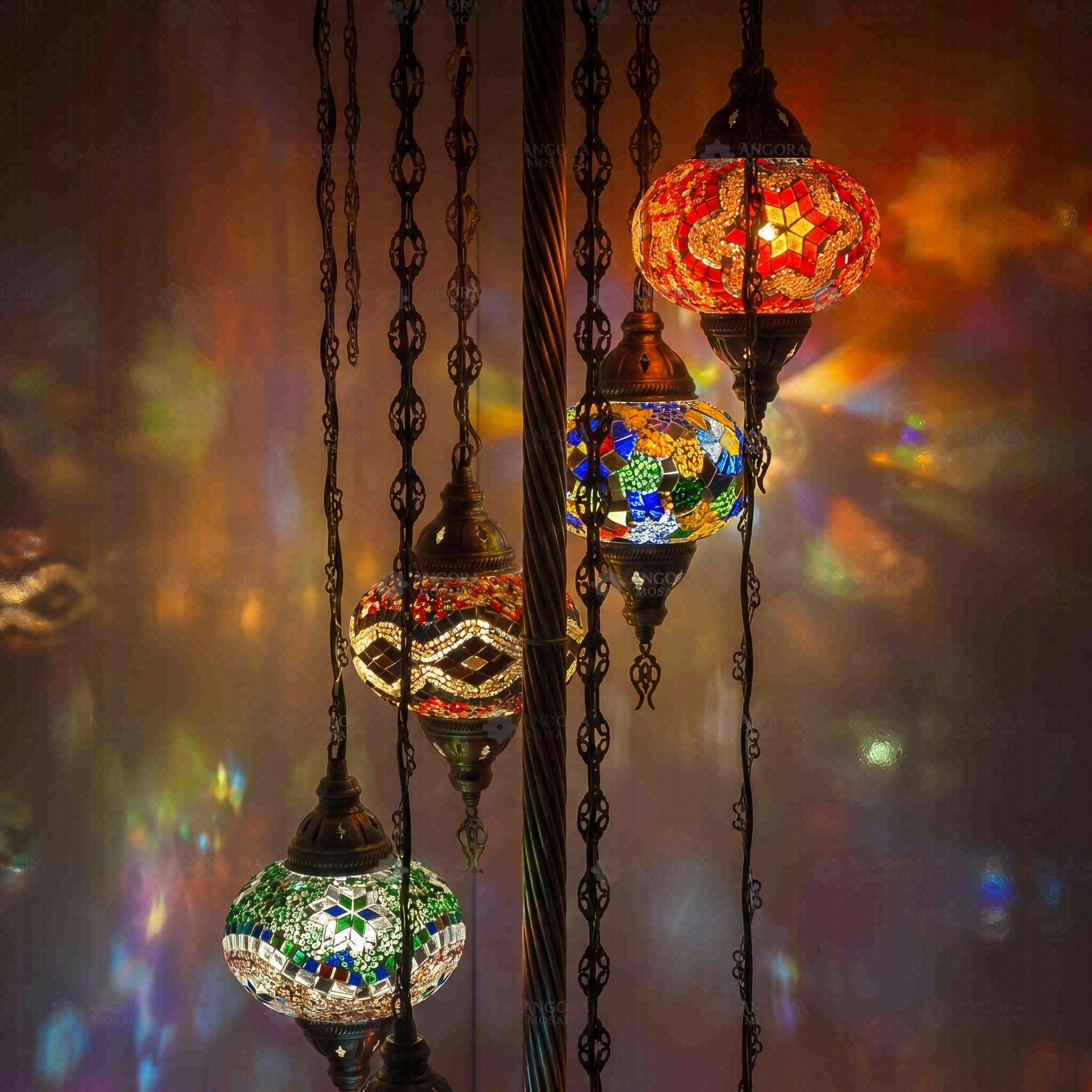 Lit close-up of mosaic glass globe — Multicolor floor lamp glowing (LMD7N3 (04-13-14-25-28-29-65))