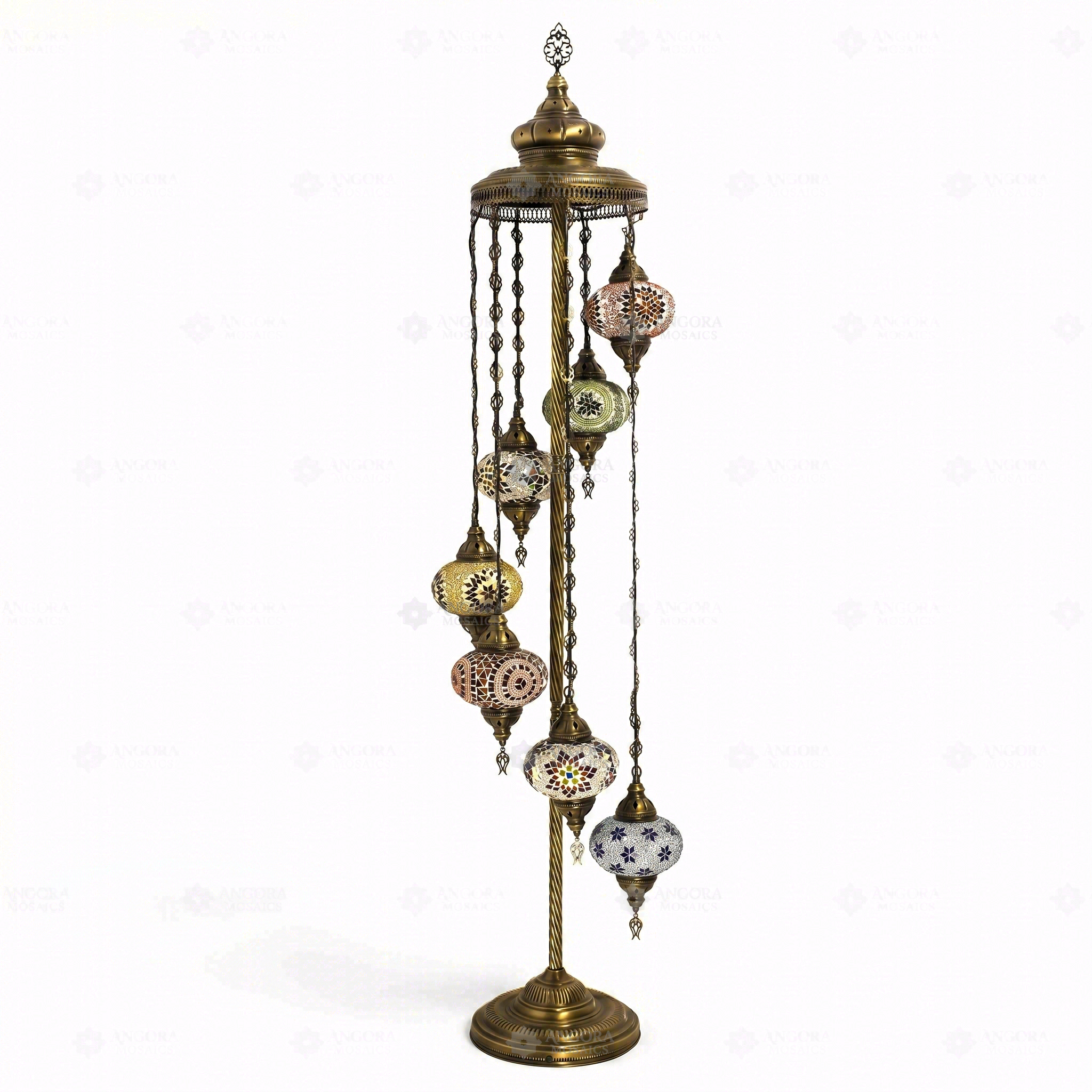 Full view of handmade Multicolor multicolor jewel Turkish mosaic floor lamp on white background (LMD7N3 (07-07-26-27-50-65-97))