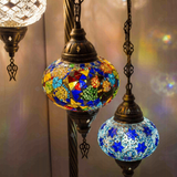 Lit close-up of mosaic glass globe — Multicolor floor lamp glowing (LMD7N3 (12-13-27-28-29-65-96))