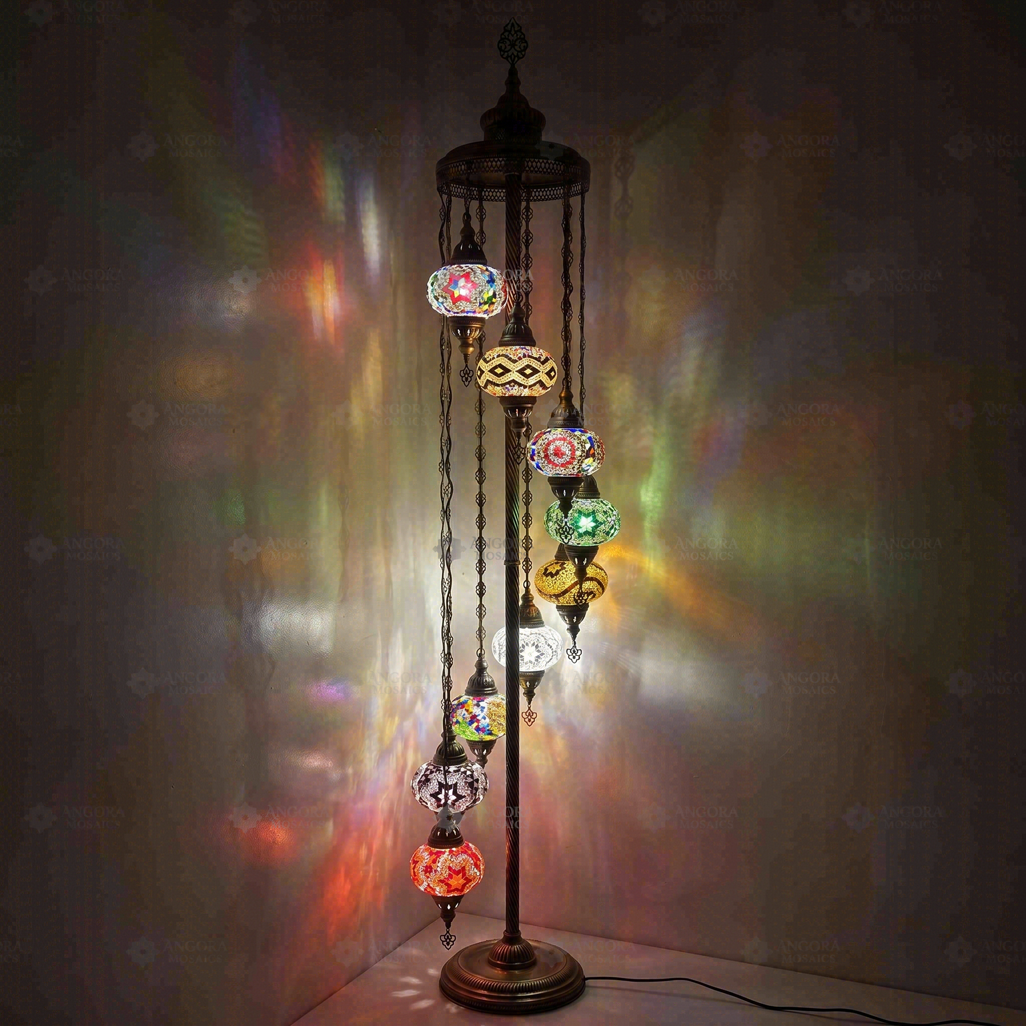 Multicolor Turkish mosaic floor lamp illuminated, showing colorful light projection (LMD9N3 (01-03-09-11-13-15-17-19-21))