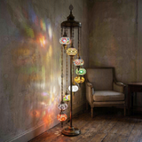 Multicolor multicolor jewel Turkish mosaic floor lamp in styled room — handmade Moroccan floor lamp (LMD9N3 (01-03-09-11-13-15-17-19-21))