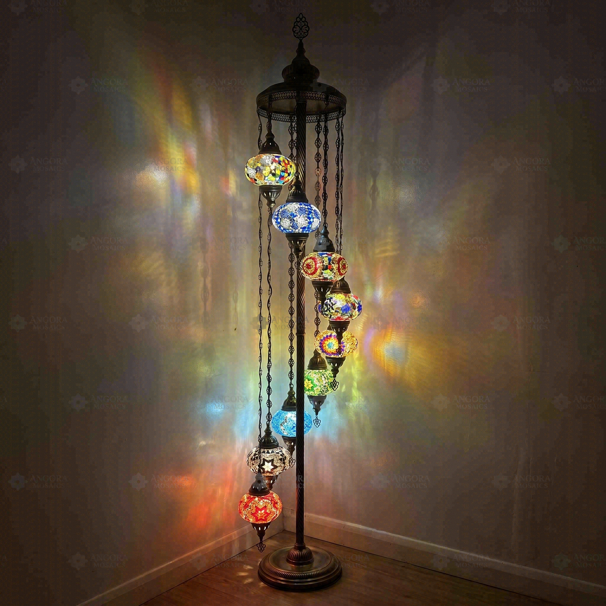 Multicolor Turkish mosaic floor lamp illuminated, showing colorful light projection (LMD9N3 (03-11-16-17-18-19-21-29-34))