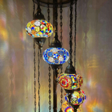 Lit close-up of mosaic glass globe — Multicolor floor lamp glowing (LMD9N3 (03-11-16-17-18-19-21-29-34))