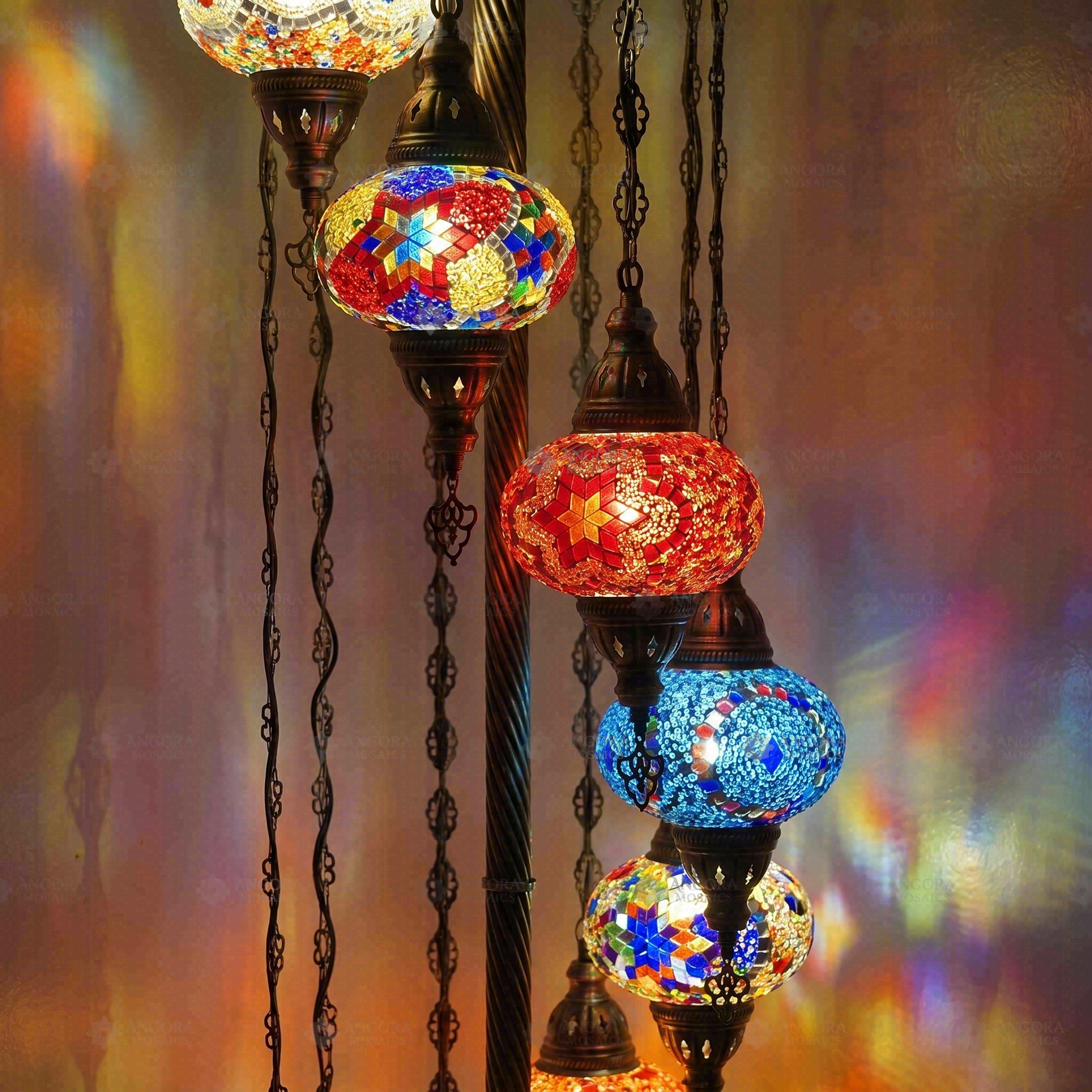 Lit close-up of mosaic glass globe — Multicolor floor lamp glowing (LMD9N3 (04-06-13-14-24-25-28-29-65))