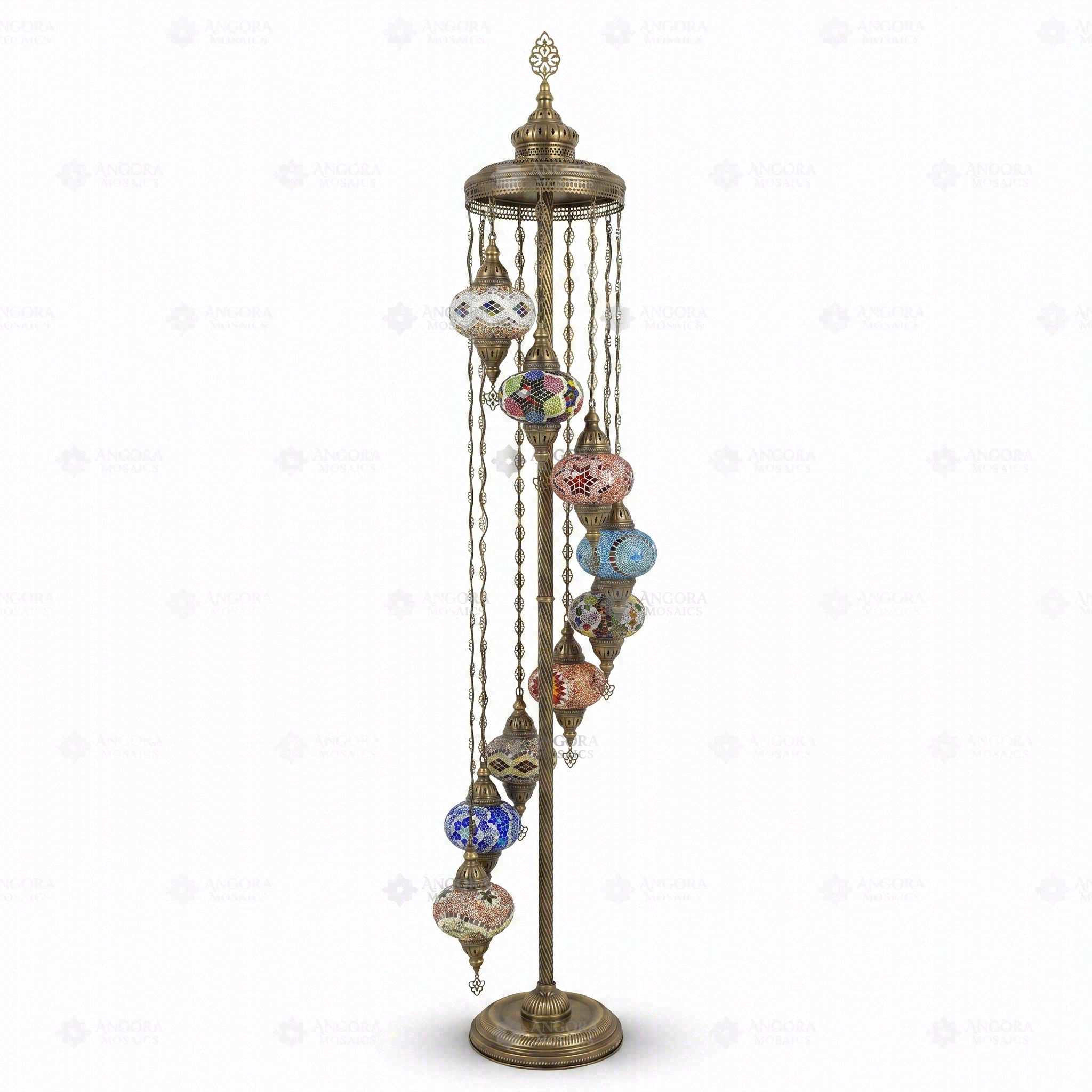 Full view of handmade Multicolor multicolor jewel Turkish mosaic floor lamp on white background (LMD9N3 (04-06-13-14-24-25-28-29-65))