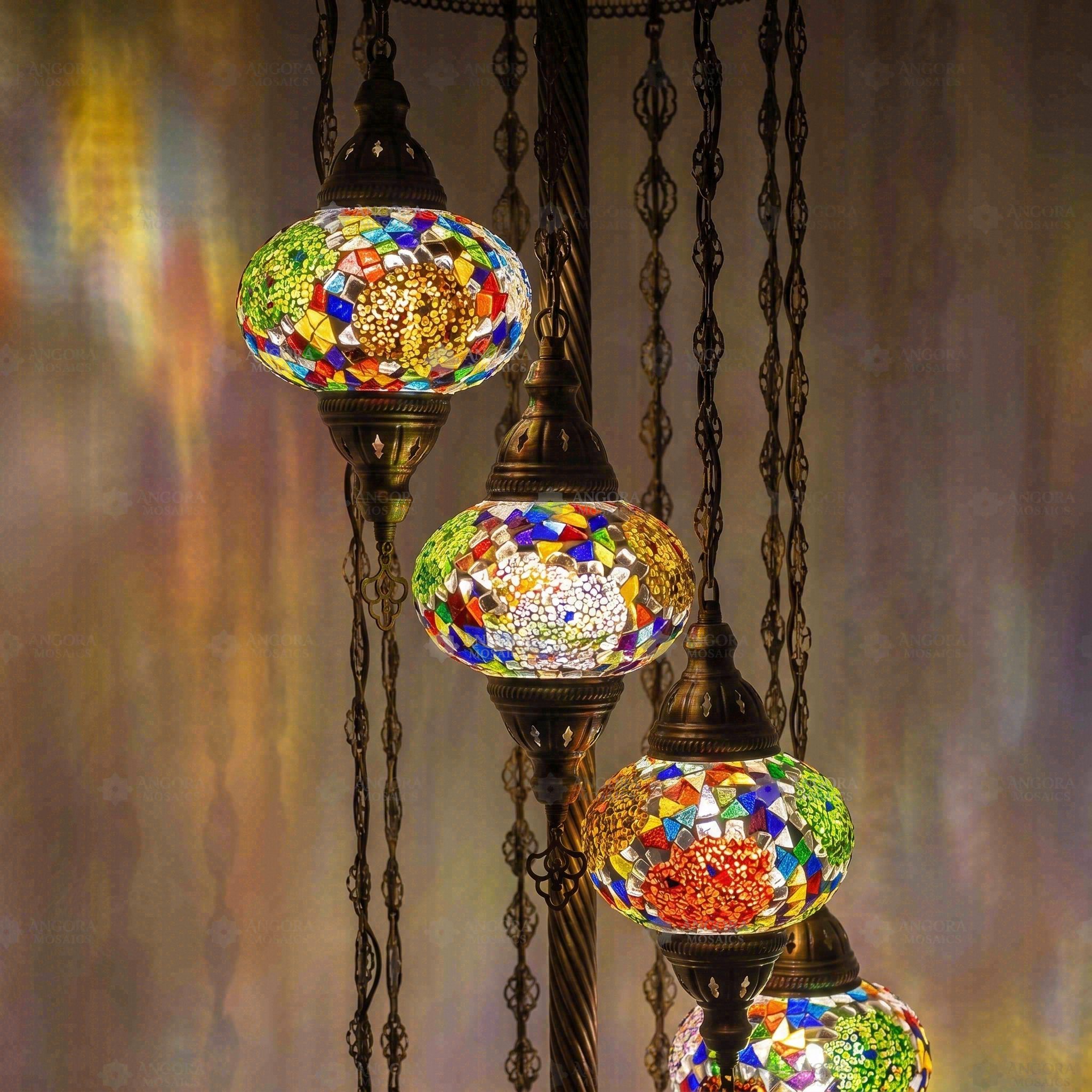 Lit close-up of mosaic glass globe — Multicolor floor lamp glowing (LMD9N3 (3001))