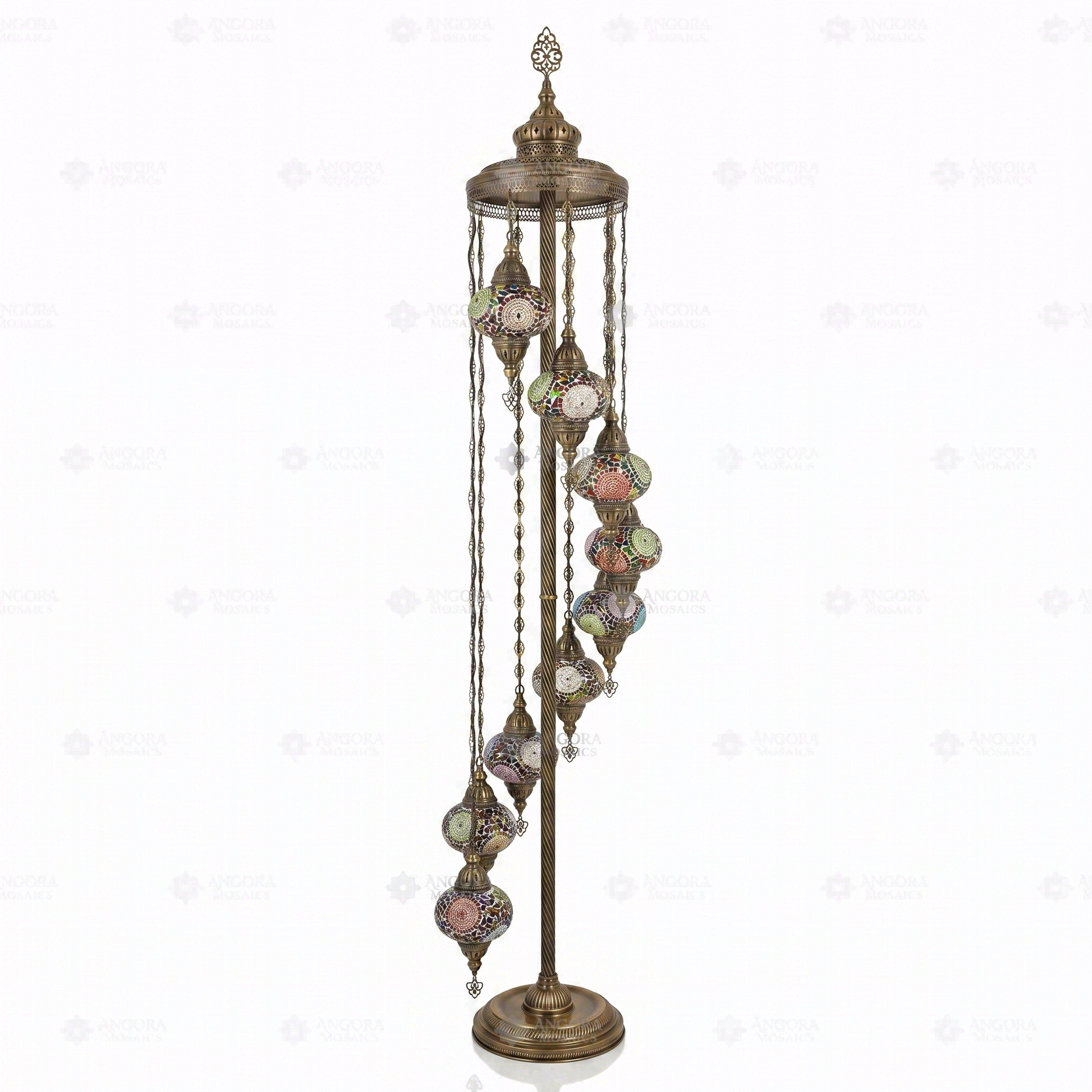 Full view of handmade Multicolor multicolor jewel Turkish mosaic floor lamp on white background (LMD9N3 (3001))