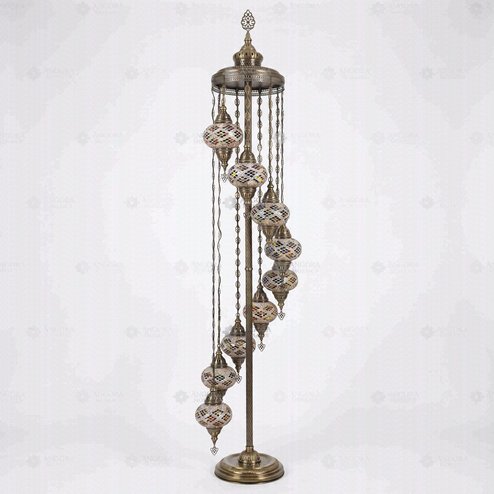 Full view of handmade Multicolor multicolor jewel Turkish mosaic floor lamp on white background (LMD9N3 (3002))