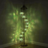 Green Turkish mosaic floor lamp illuminated, showing colorful light projection (LMD9N3 (3003))