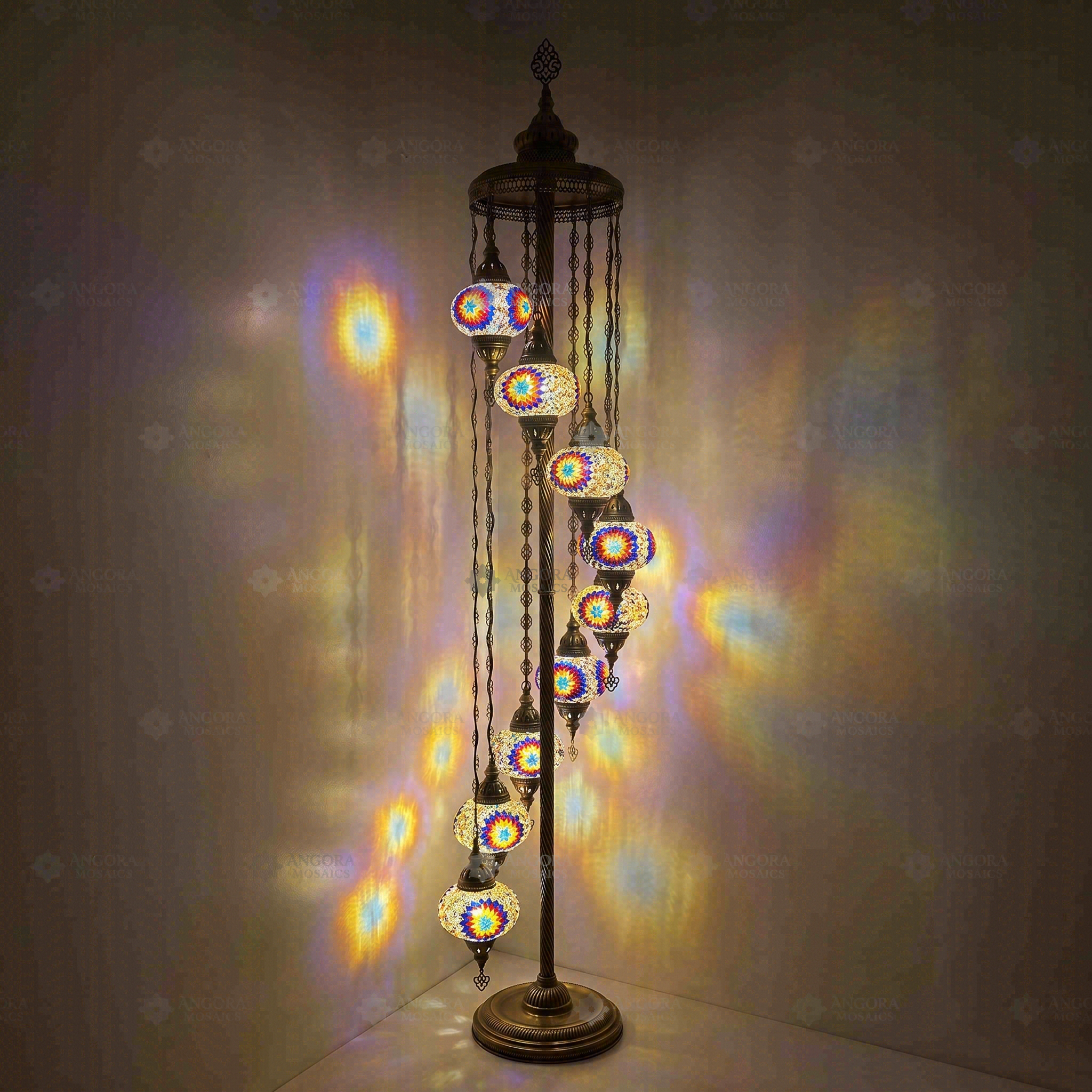 Multicolor Turkish mosaic floor lamp illuminated, showing colorful light projection (LMD9N3 (3018))