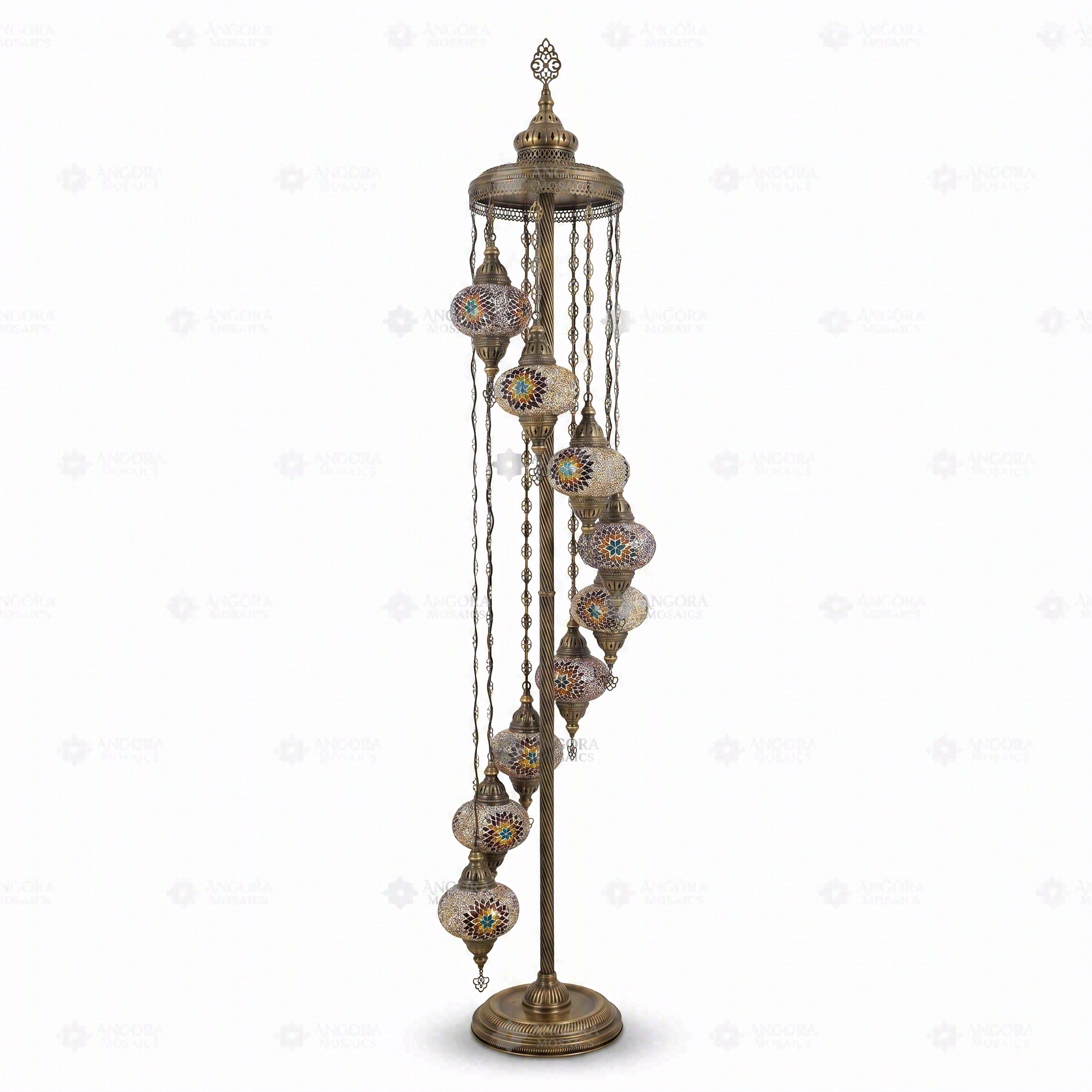 Full view of handmade Multicolor multicolor jewel Turkish mosaic floor lamp on white background (LMD9N3 (3018))