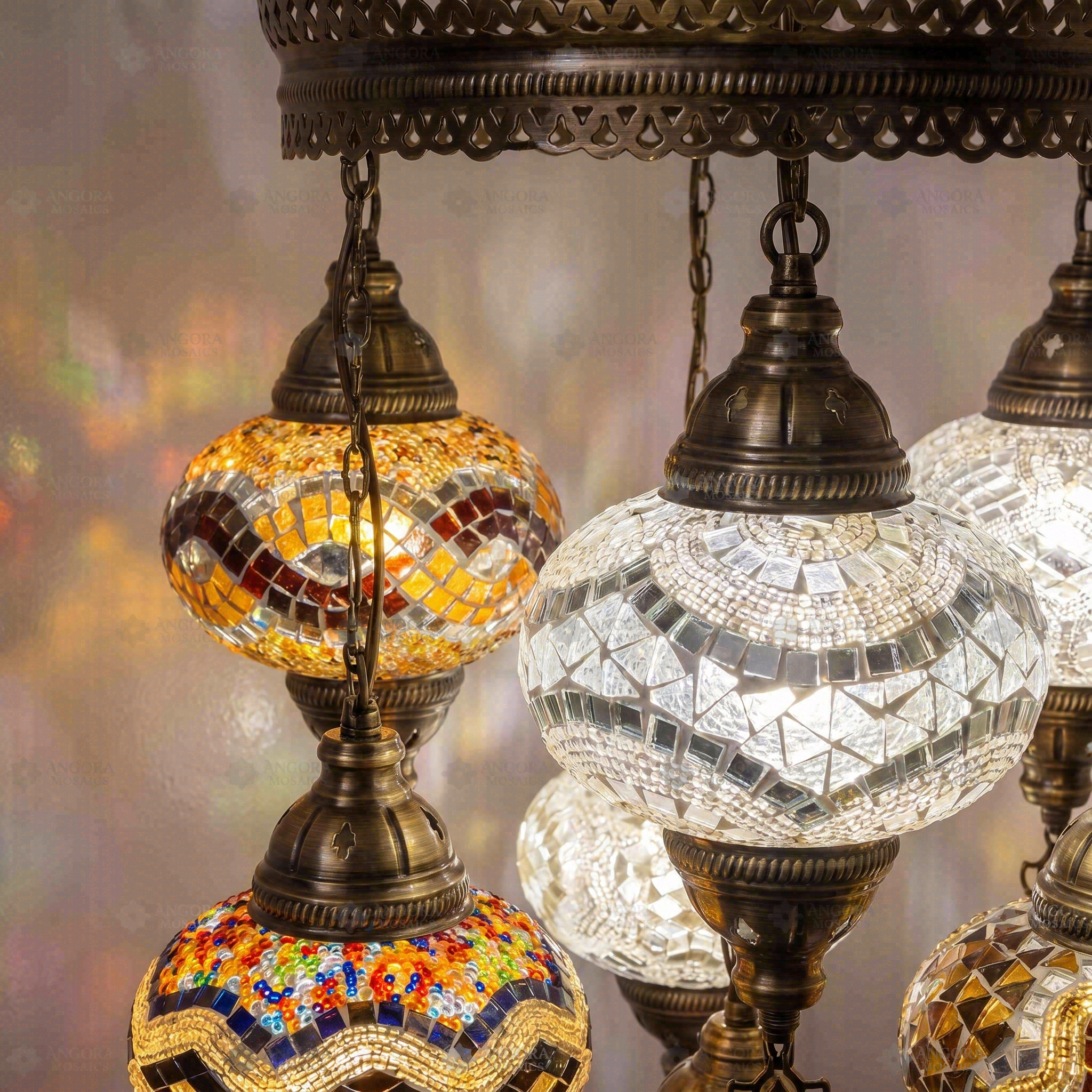 Lit close-up of mosaic glass globe — Multicolor chandelier glowing (SLT7N3 (12-13-36-43-64-87-88))