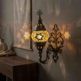 Amber warm amber Turkish mosaic wall sconce in styled room — handmade Moroccan wall sconce (ENV APN1022)