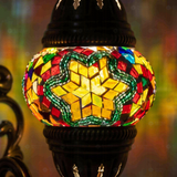 Lit close-up of mosaic glass globe — Multicolor wall sconce glowing (ENV APN1042)
